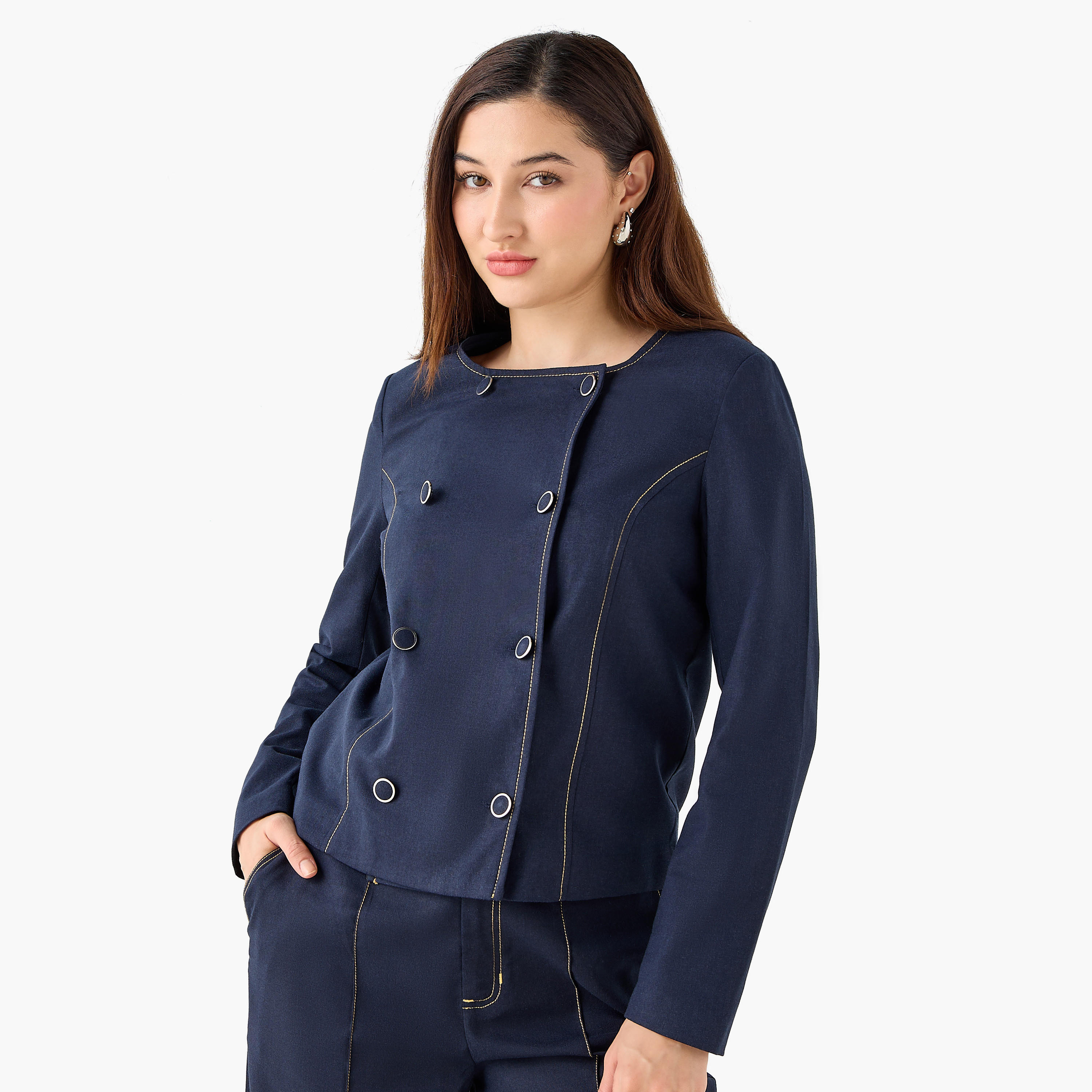 Linen Blend Double Button Jacket-women-clothing-coordsets-image-4