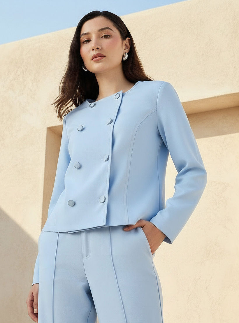 Linen Blend Double Button Jacket-women-clothing-coordsets-image-1