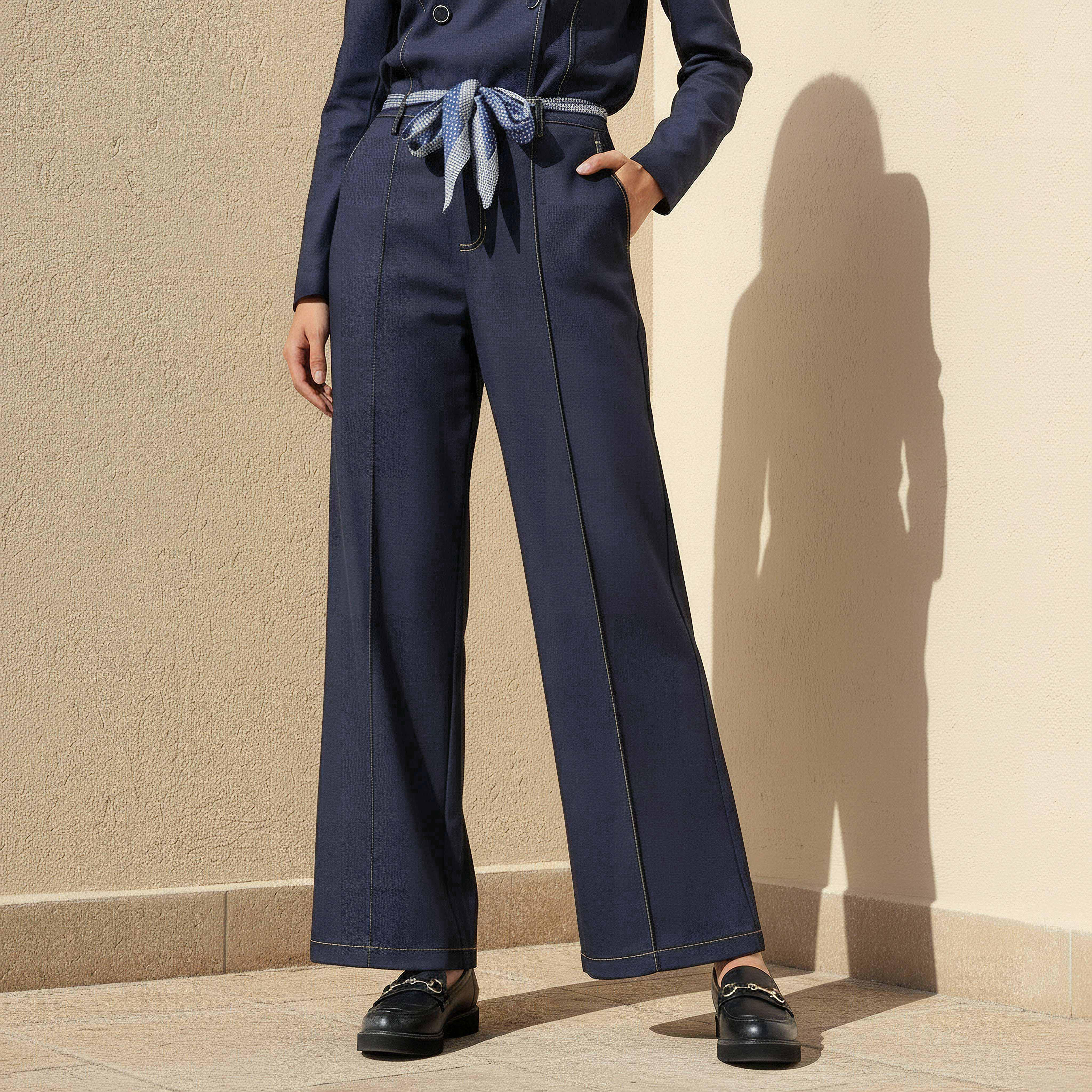 Mid Rise Panelled Linen Blend Belted Wide-Leg Trousers-women-clothing-coordsets-image-1