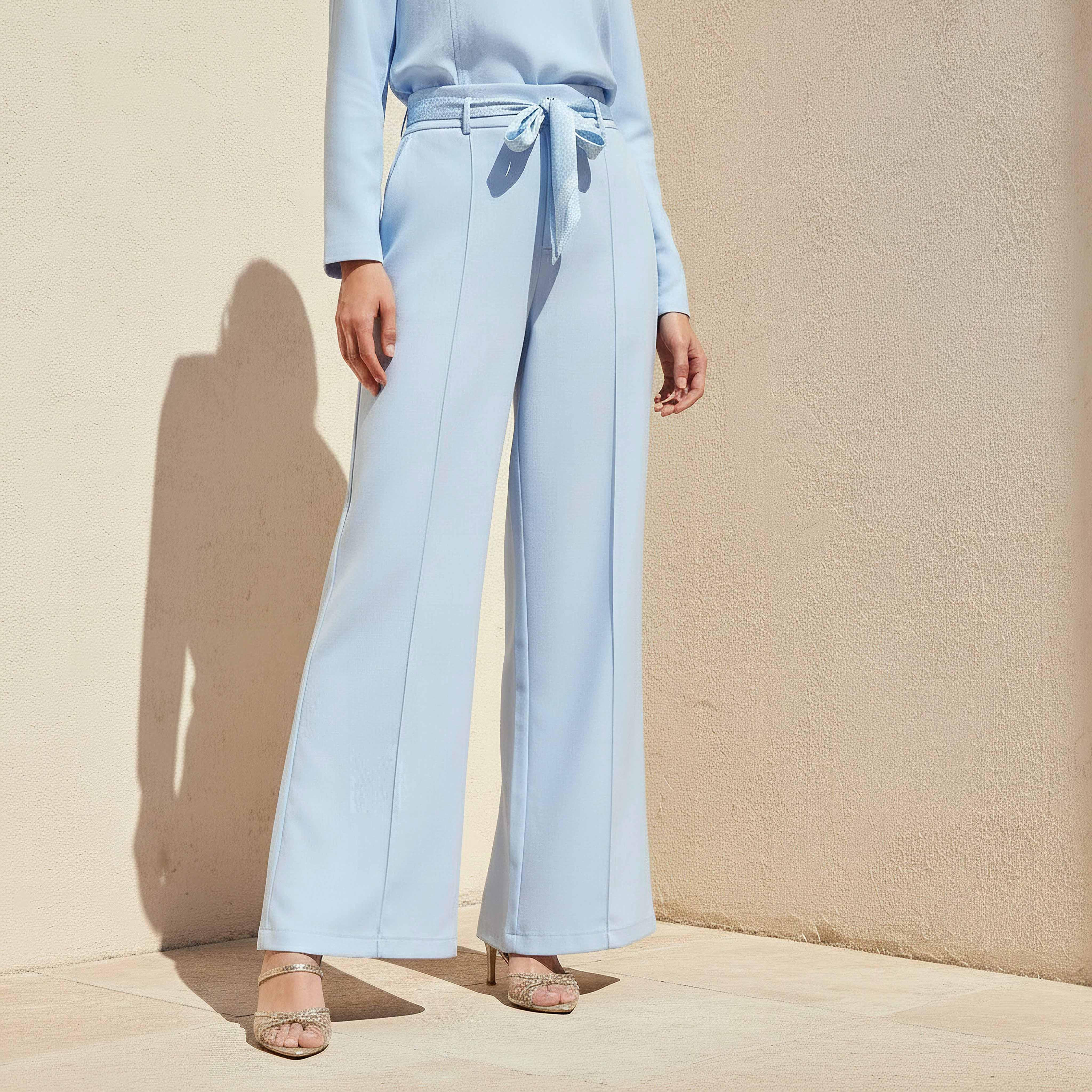 Mid Rise Panelled Linen Blend Belted Wide-Leg Trousers-women-clothing-coordsets-image-1