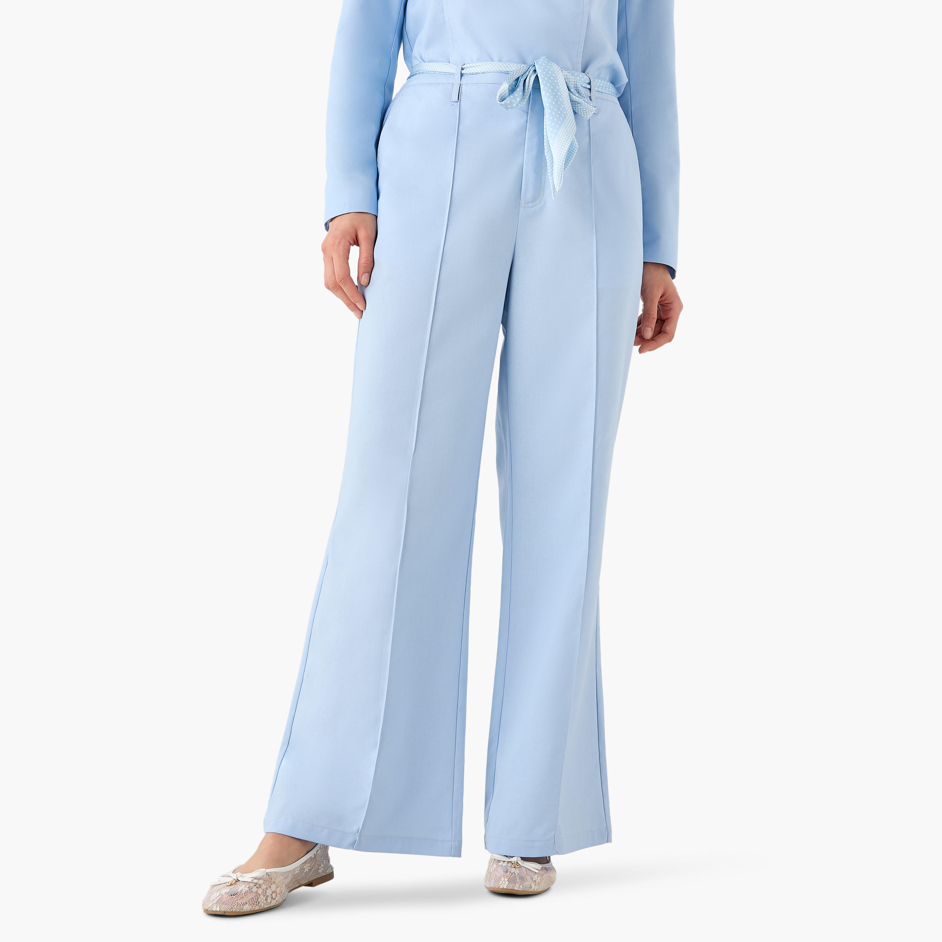 Mid Rise Panelled Linen Blend Belted Wide-Leg Trousers-women-clothing-coordsets-image-4