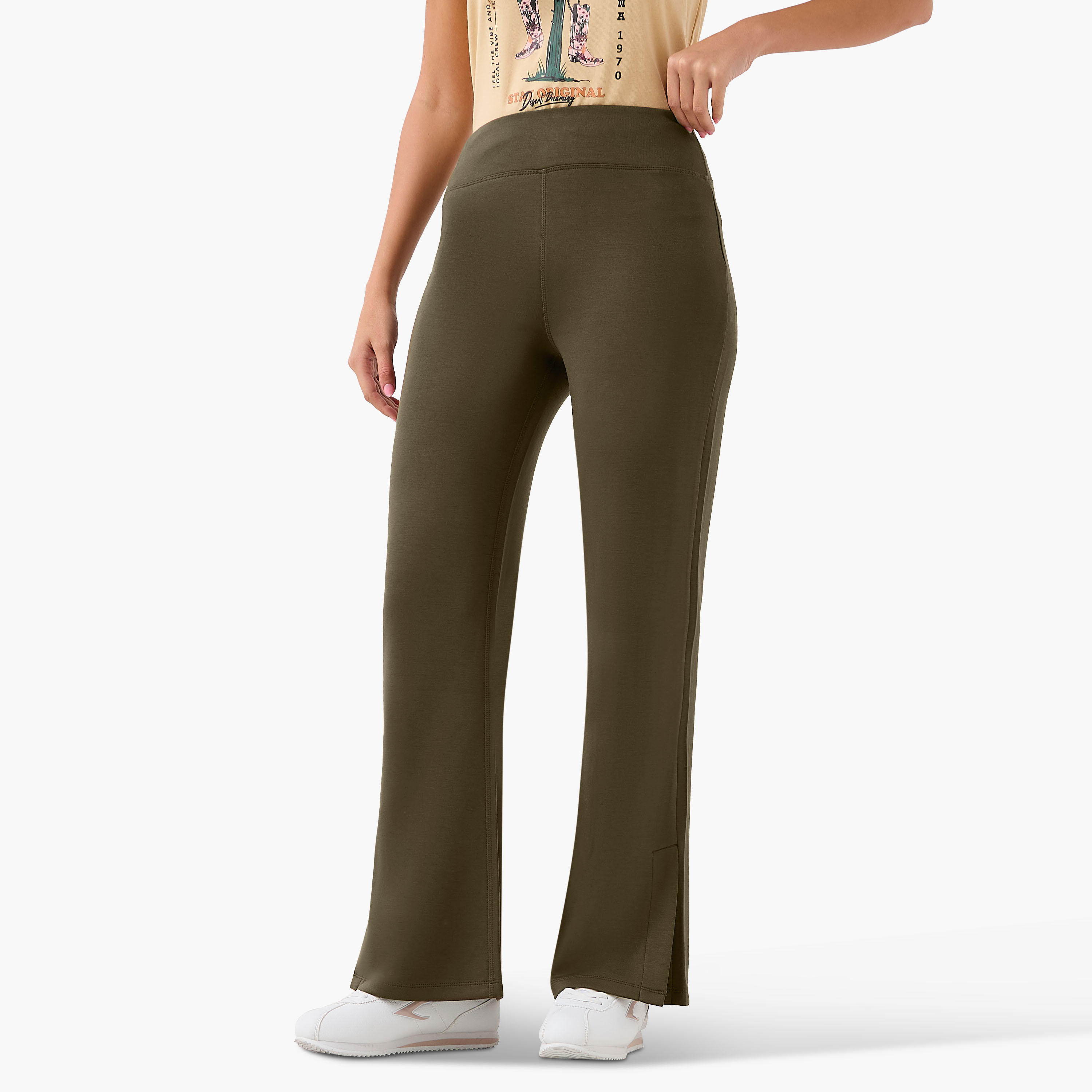High-Waist Full-Length Flared Pants with Slit Detail-women-clothing-bottoms-leggings-image-2
