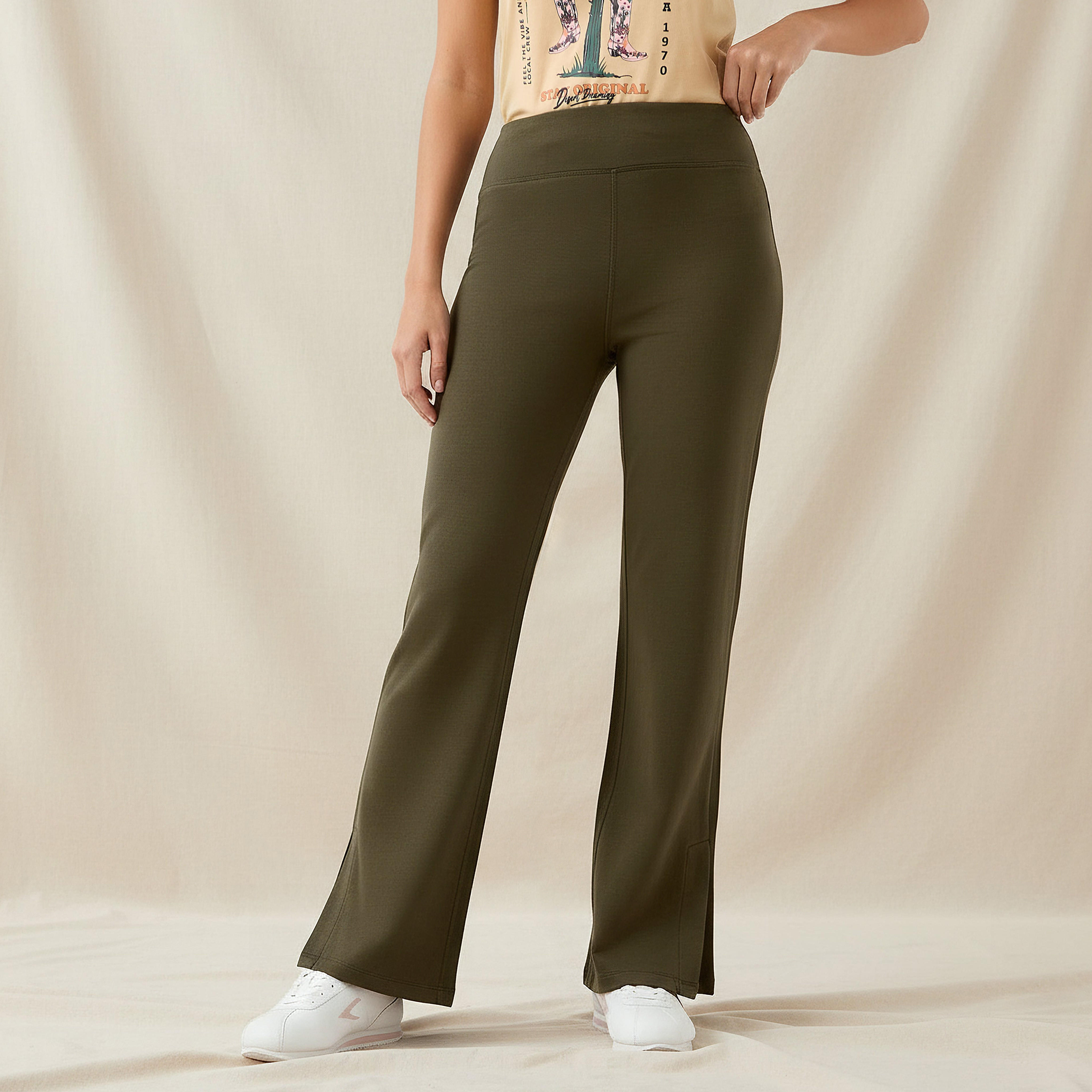 High-Waist Full-Length Flared Pants with Slit Detail-women-clothing-bottoms-leggings-image-1