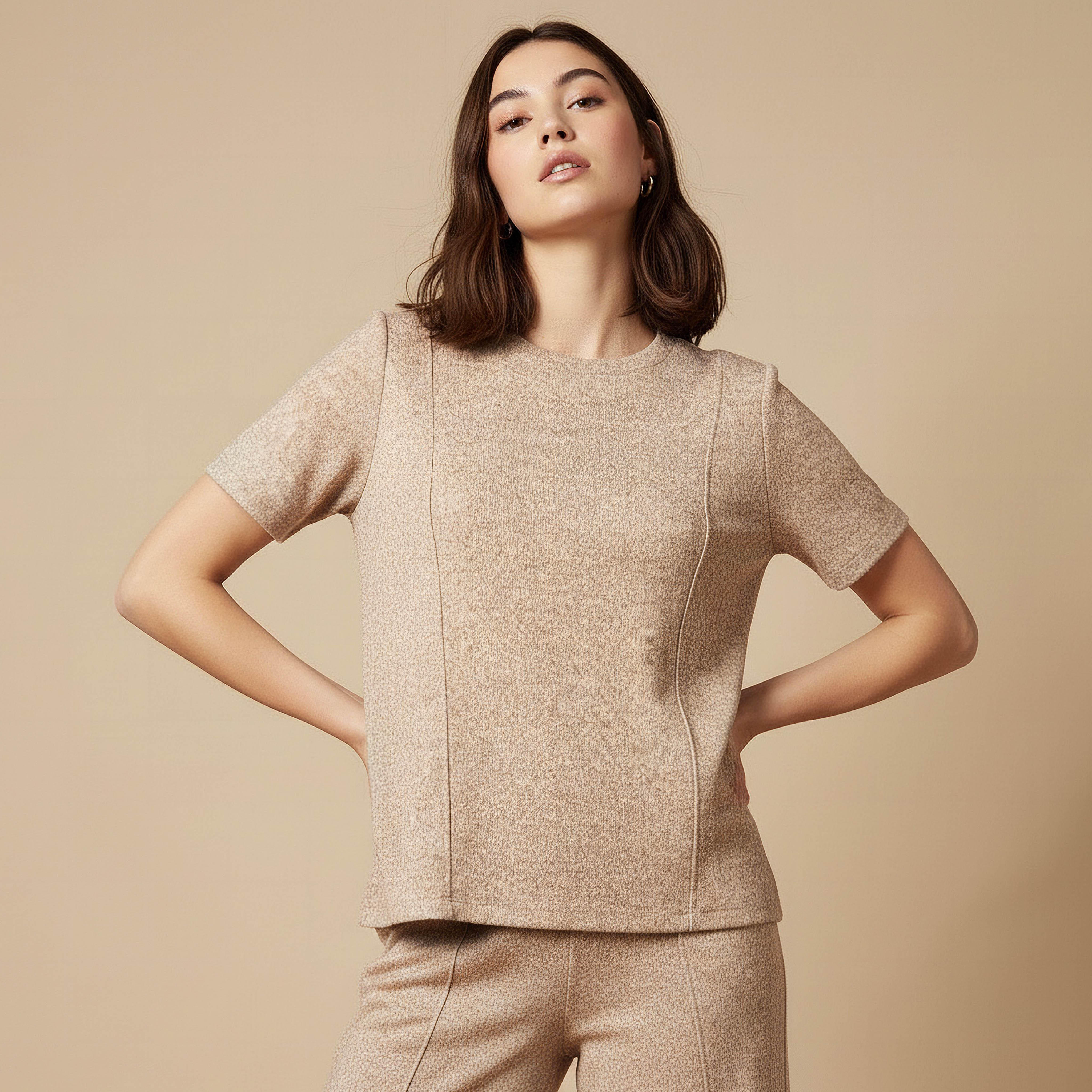 Regular Fit T-shirt with Ribbed Texture-women-clothing-coordsets-image-1
