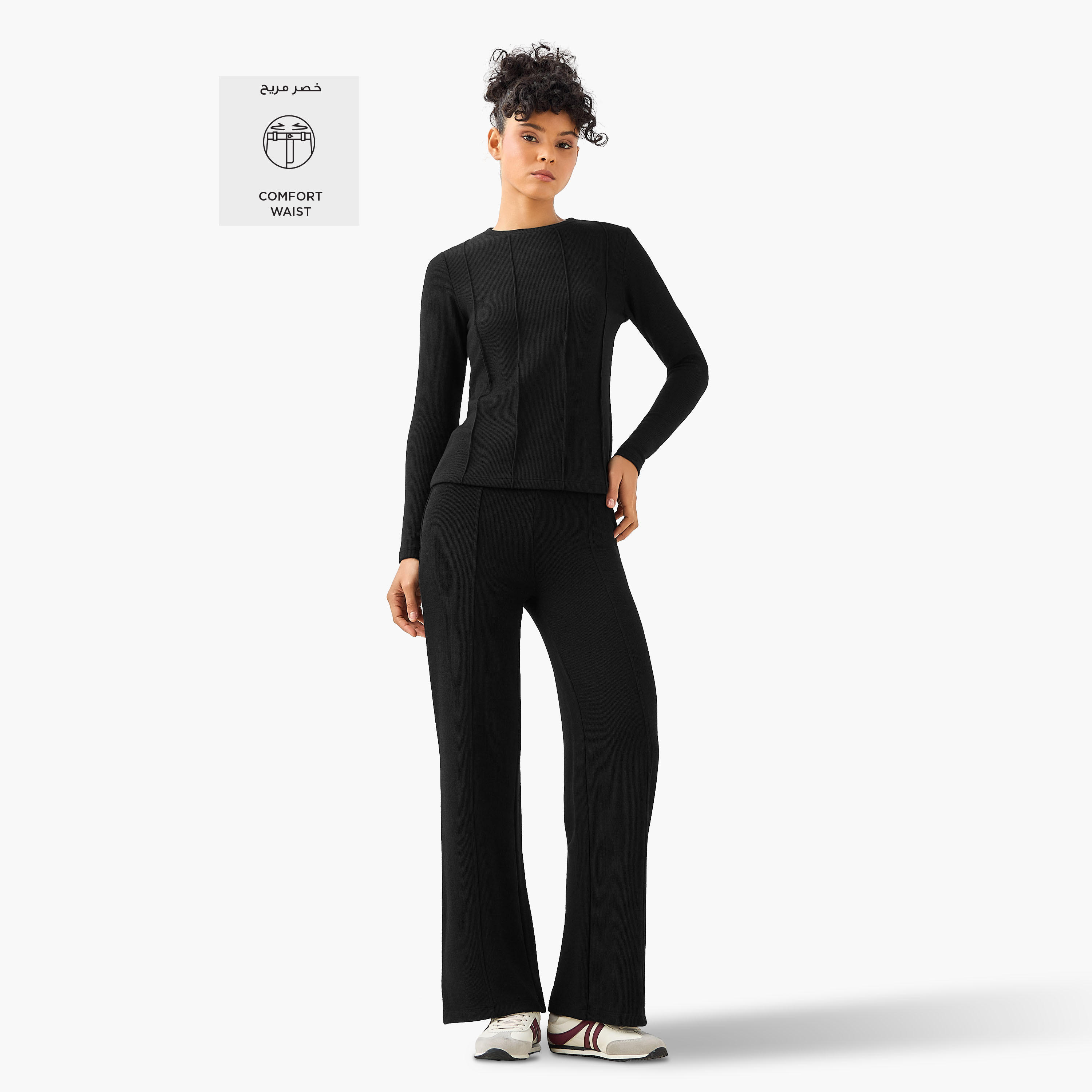 بنطلون بقصة عادية وخصر متوسط واسع الساقين مضلّع بارز الملمس-women-clothing-coordsets-image-3