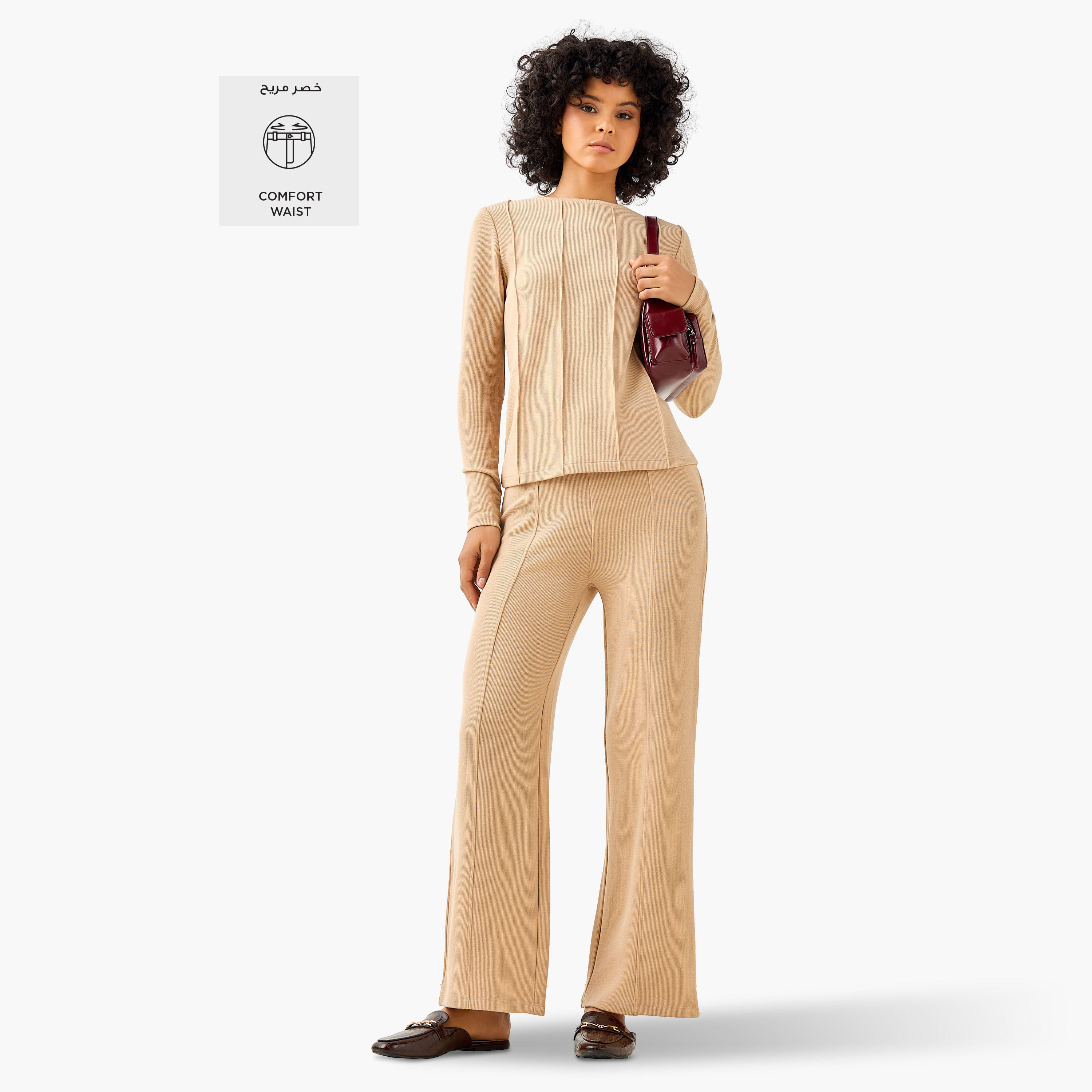 Regular Fit Mid-Rise Flared Lounge Pants with Ribbed Texture-women-clothing-coordsets-image-2