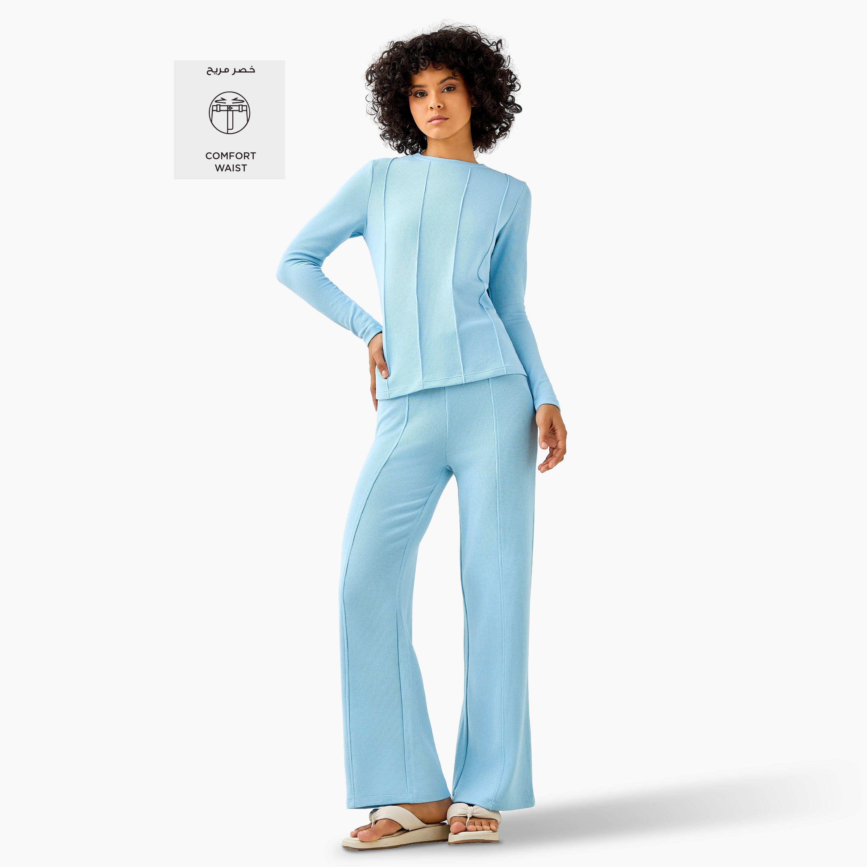 Regular Fit Mid-Rise Flared Lounge Pants with Ribbed Texture-women-clothing-coordsets-image-2