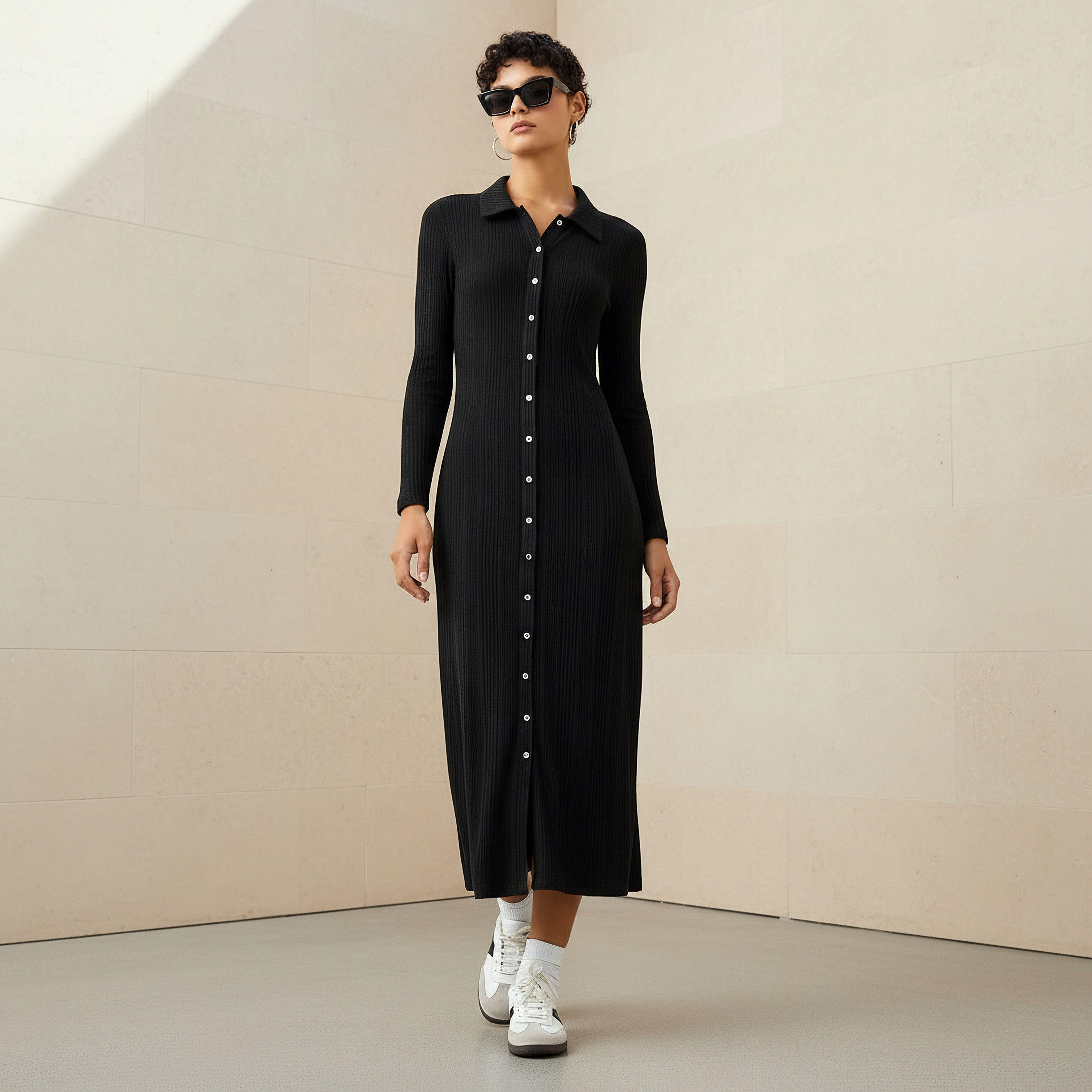 فستان ميدي مضلع بأزرار وياقة-women-clothing-dresses-image-5