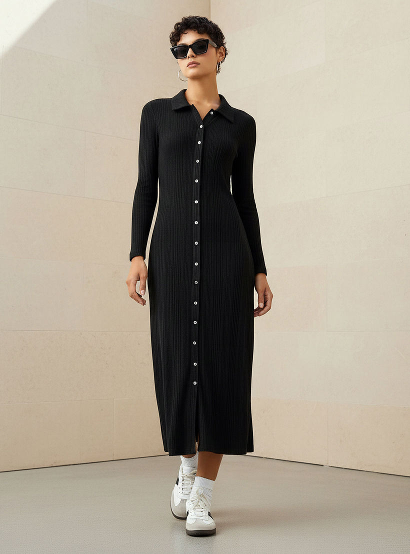 Ribbed Collared Button-Down Midi Dress-women-clothing-dresses-image-1