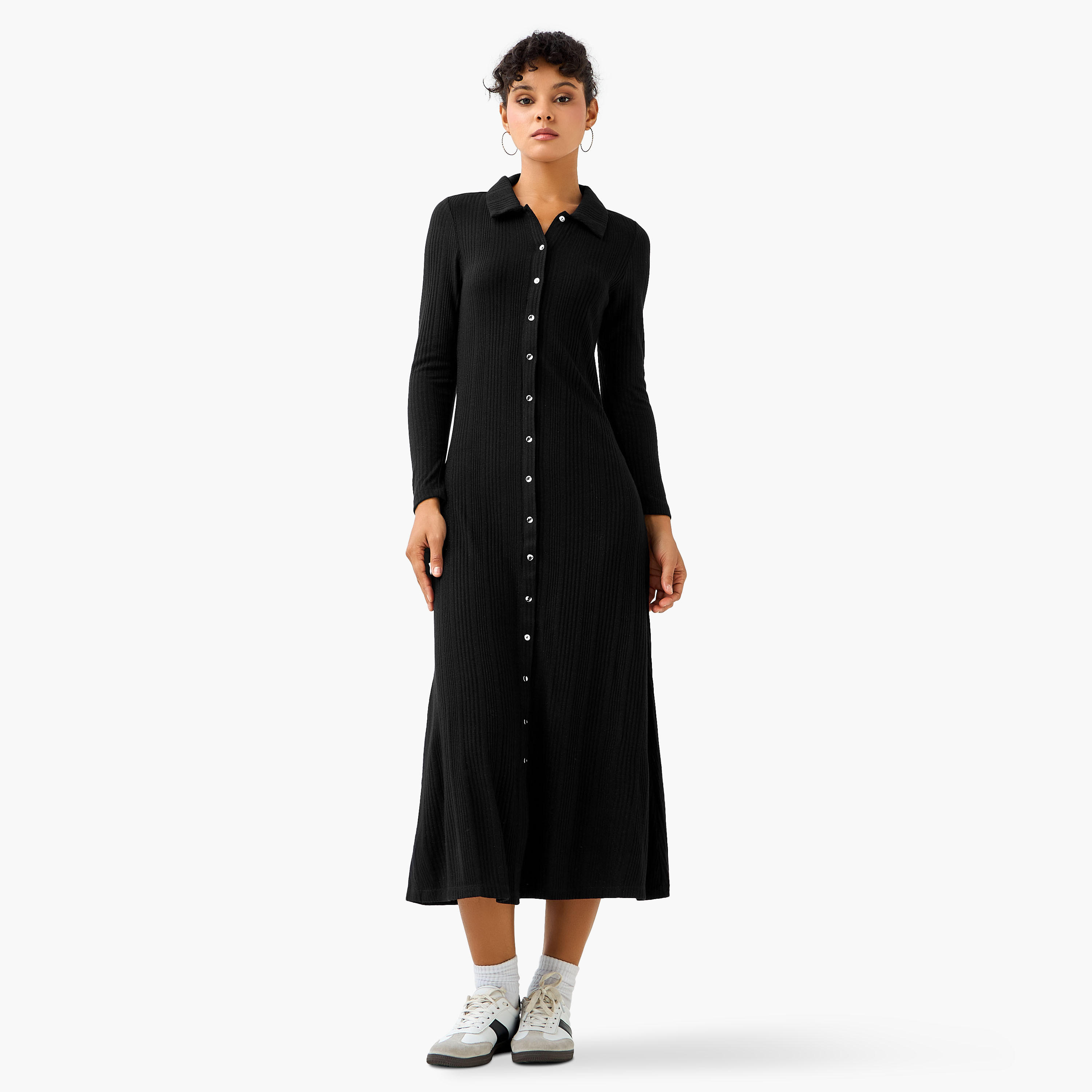 فستان ميدي مضلع بأزرار وياقة-women-clothing-dresses-image-4