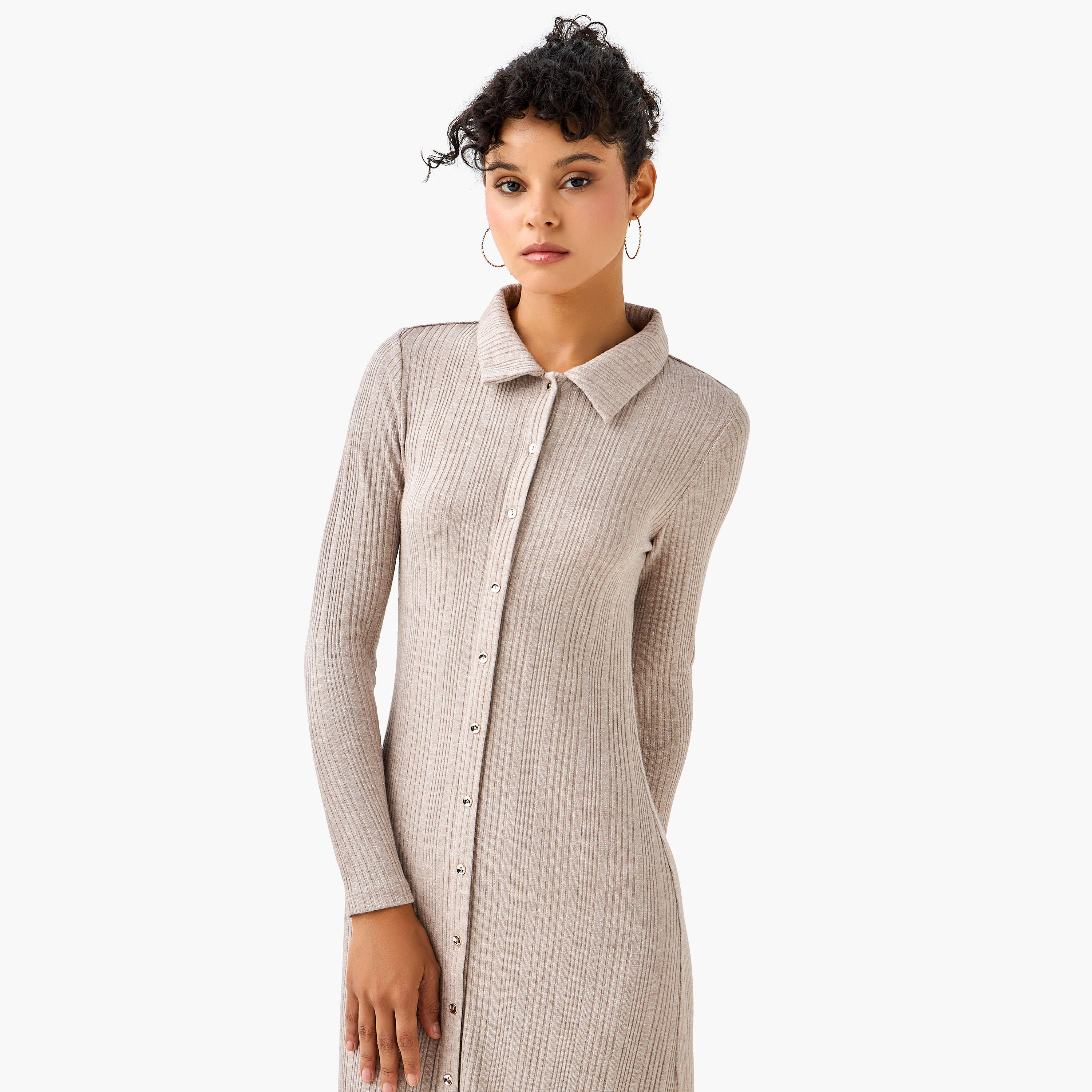 Ribbed Collared Button-Down Midi Dress-women-clothing-dresses-image-5