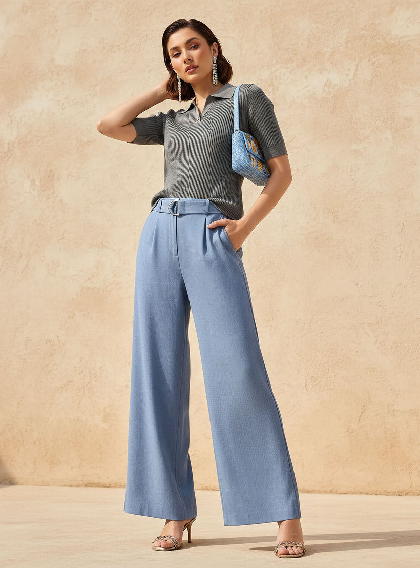 بنطلون واسع الأرجل بخصر متوسط الارتفاع وبحزام-women-clothing-coordsets-image-3