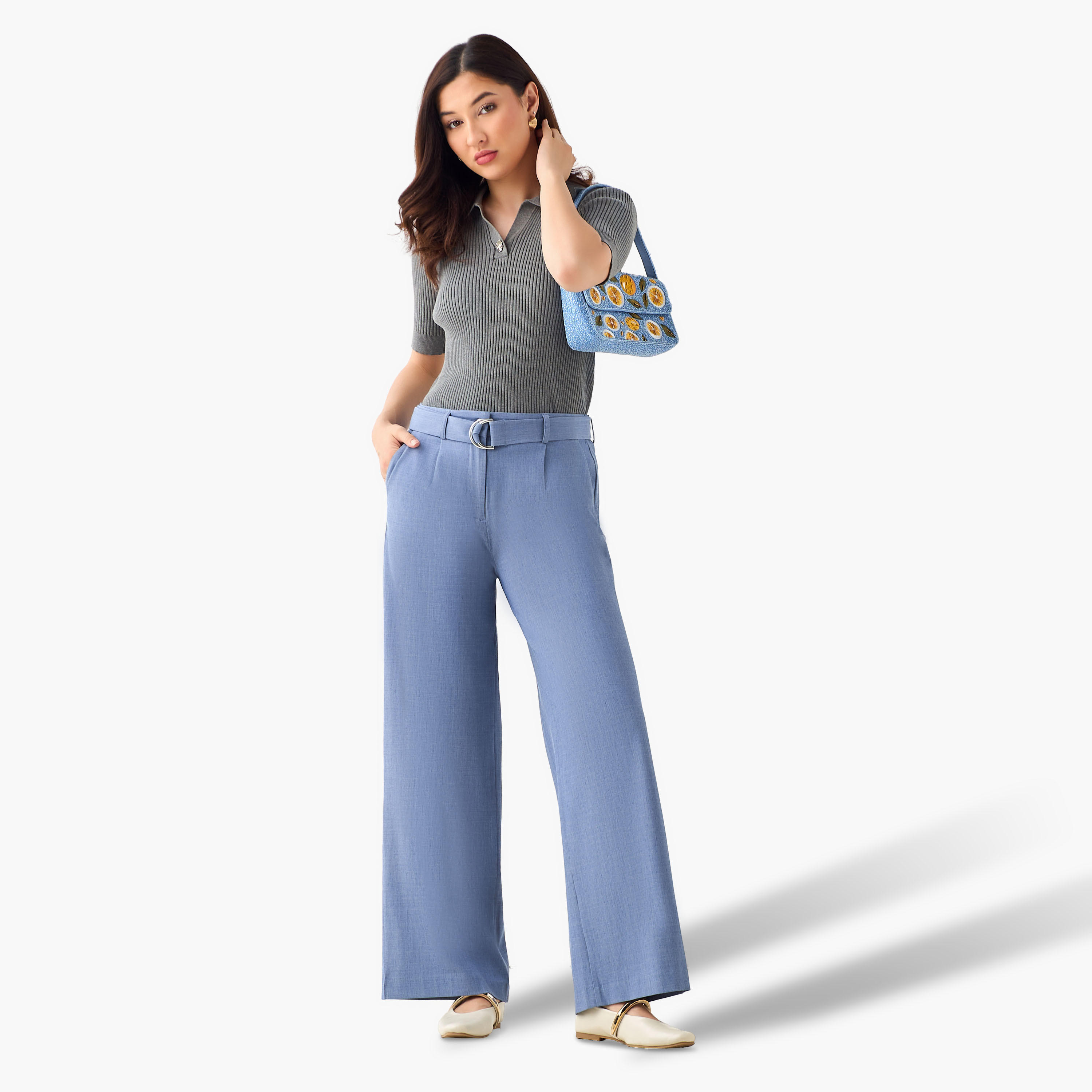بنطلون واسع الأرجل بخصر متوسط الارتفاع وبحزام-women-clothing-coordsets-image-5