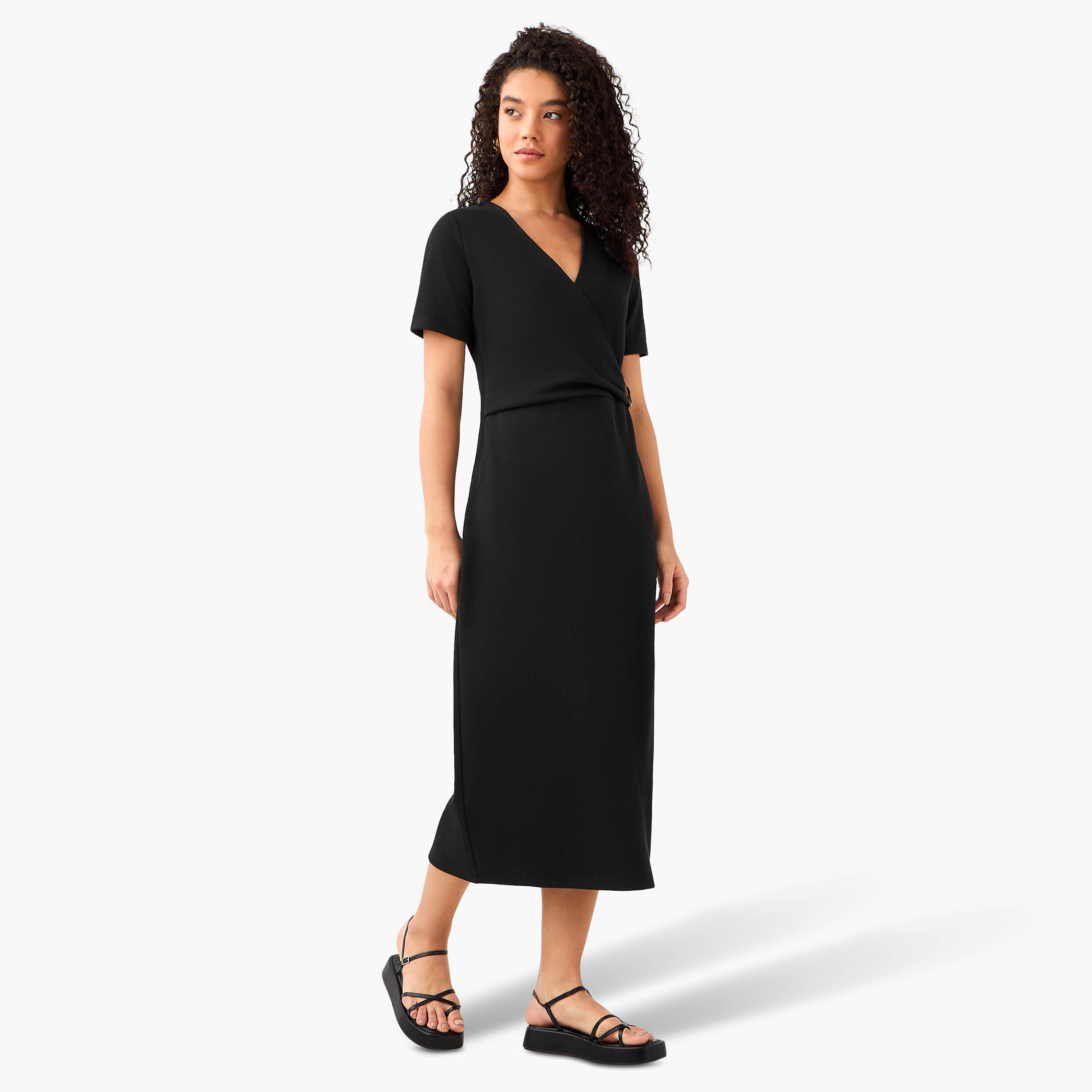 Wrap Midi Length Dress with Metal Accent-women-clothing-dresses-image-5
