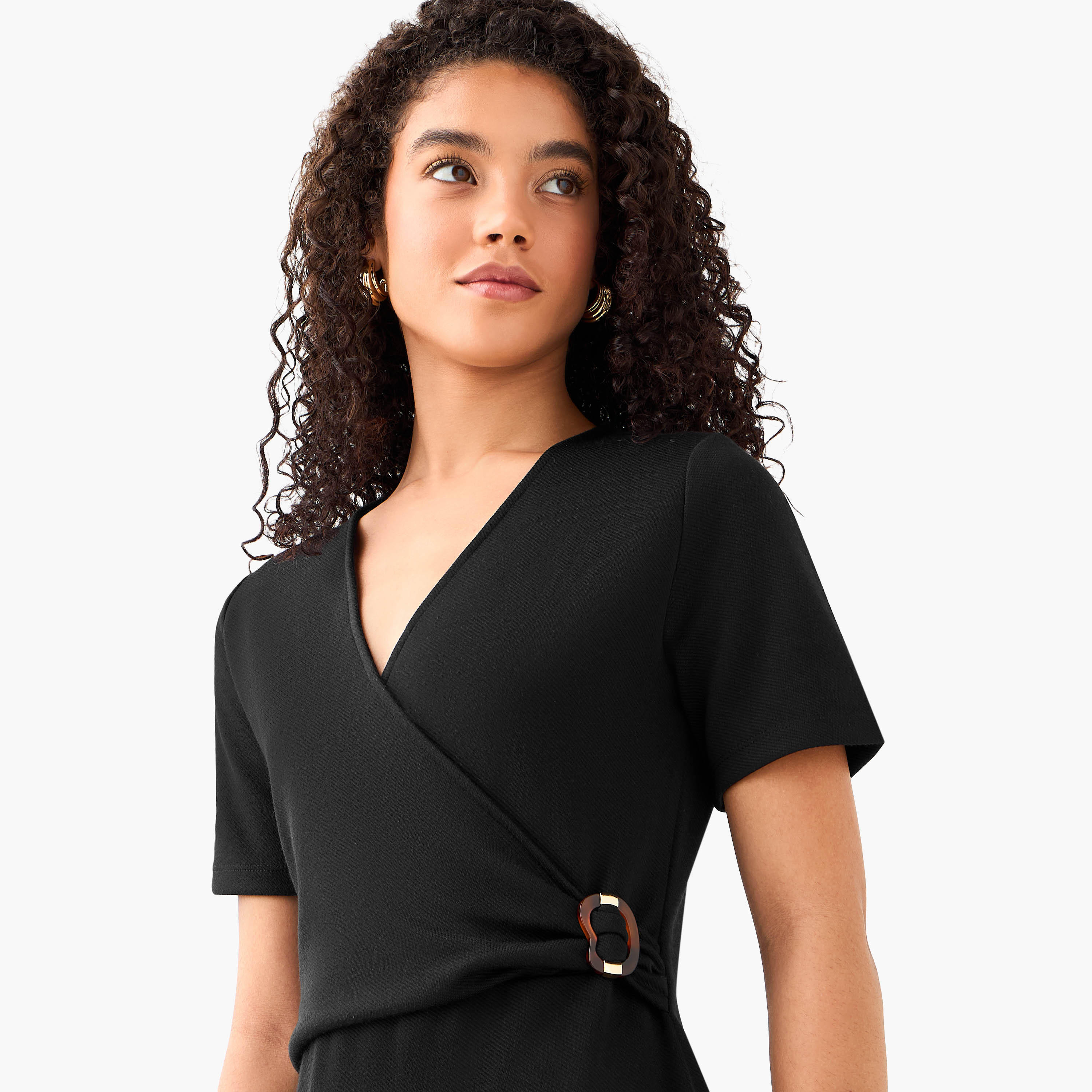 Wrap Midi Length Dress with Metal Accent-women-clothing-dresses-image-7