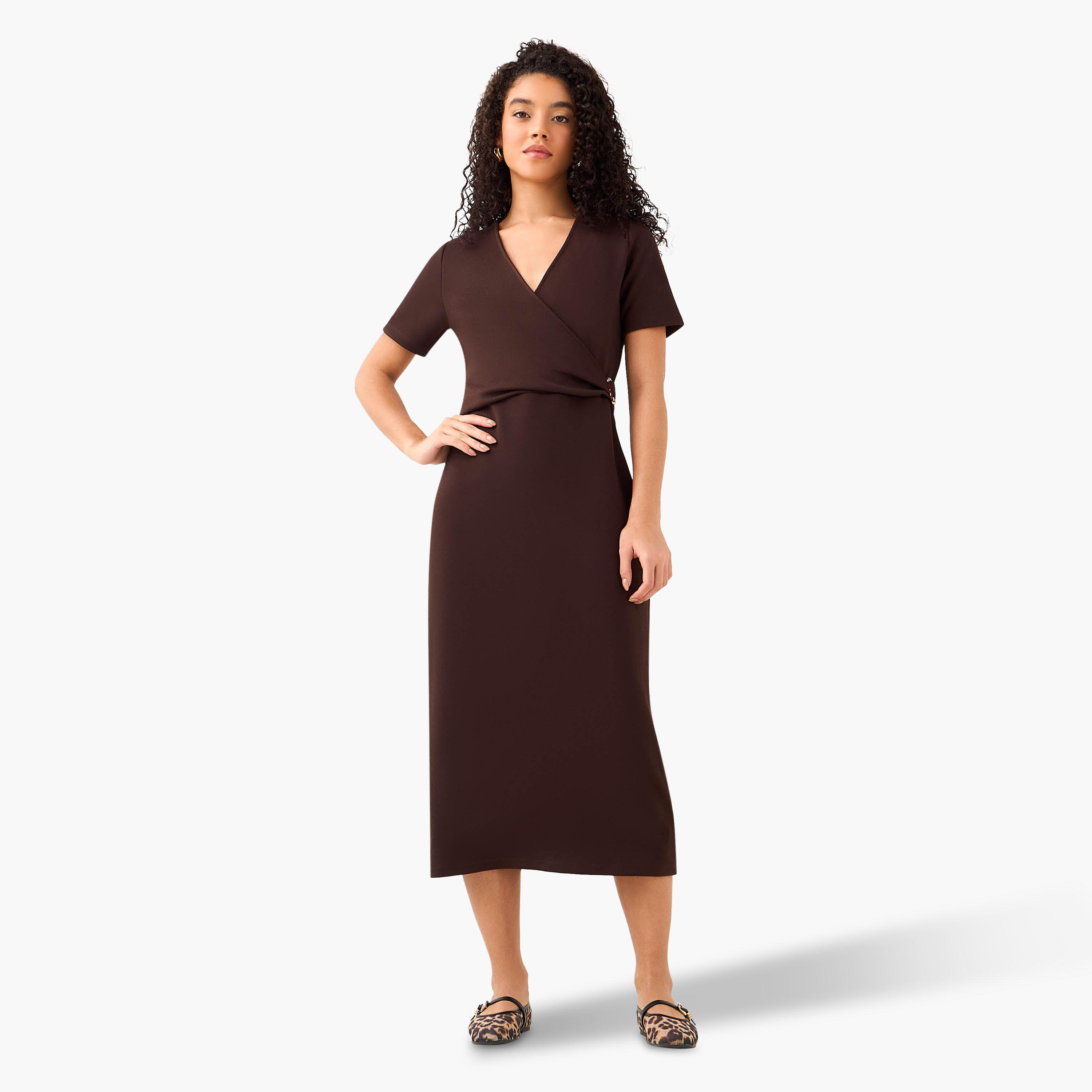 Wrap Midi Length Dress with Metal Accent-women-clothing-dresses-image-3