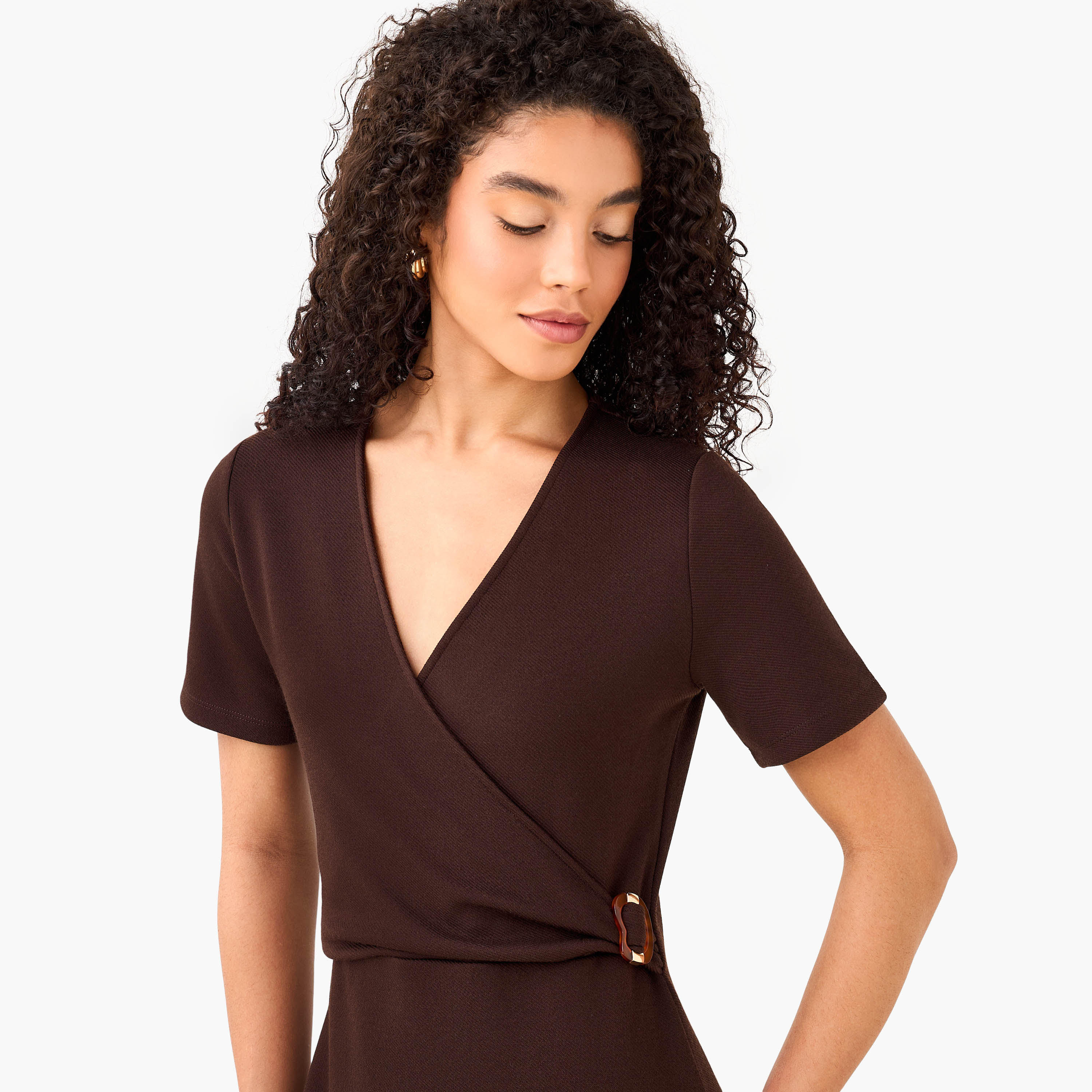 Wrap Midi Length Dress with Metal Accent-women-clothing-dresses-image-6