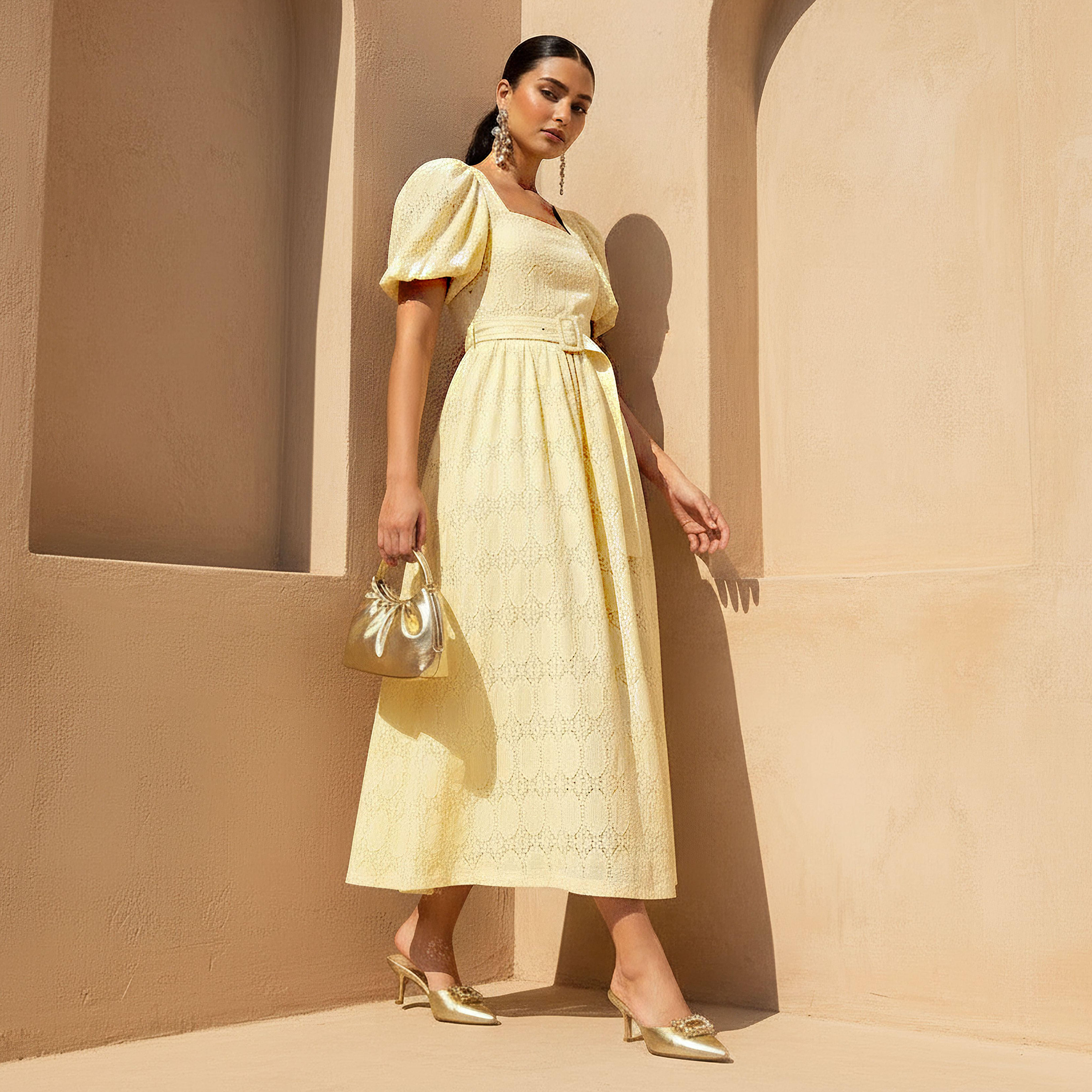 A-line Midi Dress with Puff Sleeves-women-clothing-dresses-image-1