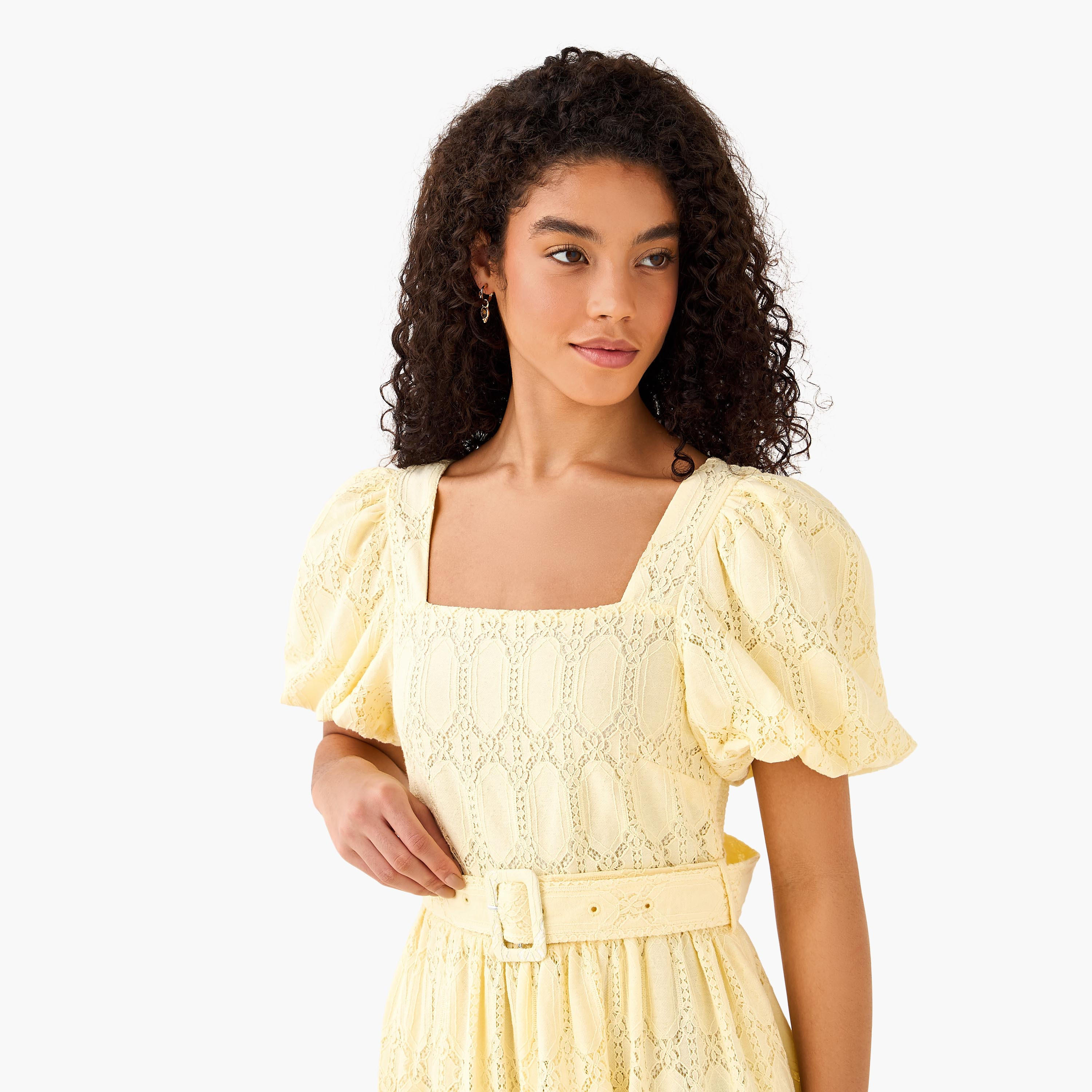 A-line Midi Dress with Puff Sleeves-women-clothing-dresses-image-5