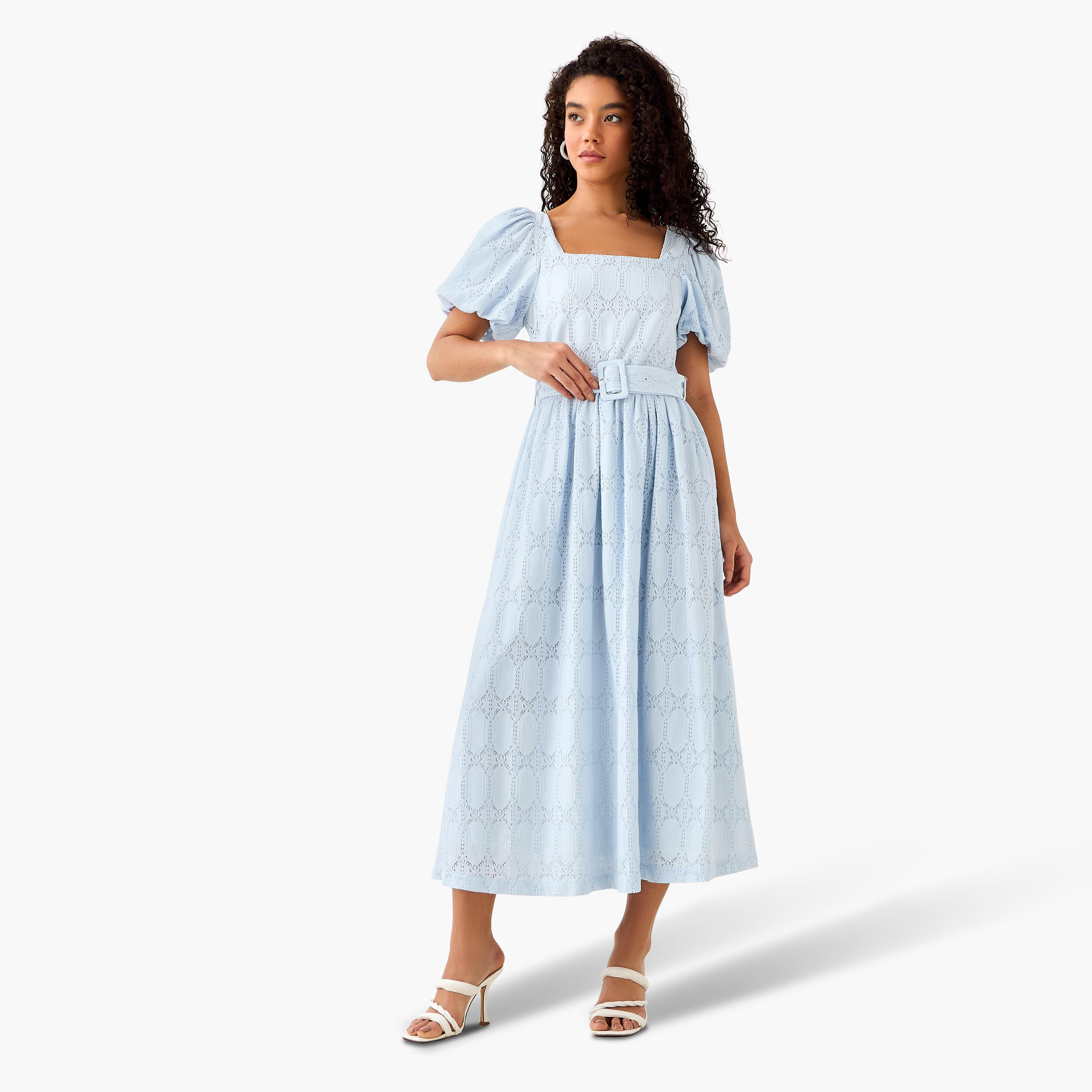A-line Midi Dress with Puff Sleeves-women-clothing-dresses-image-3