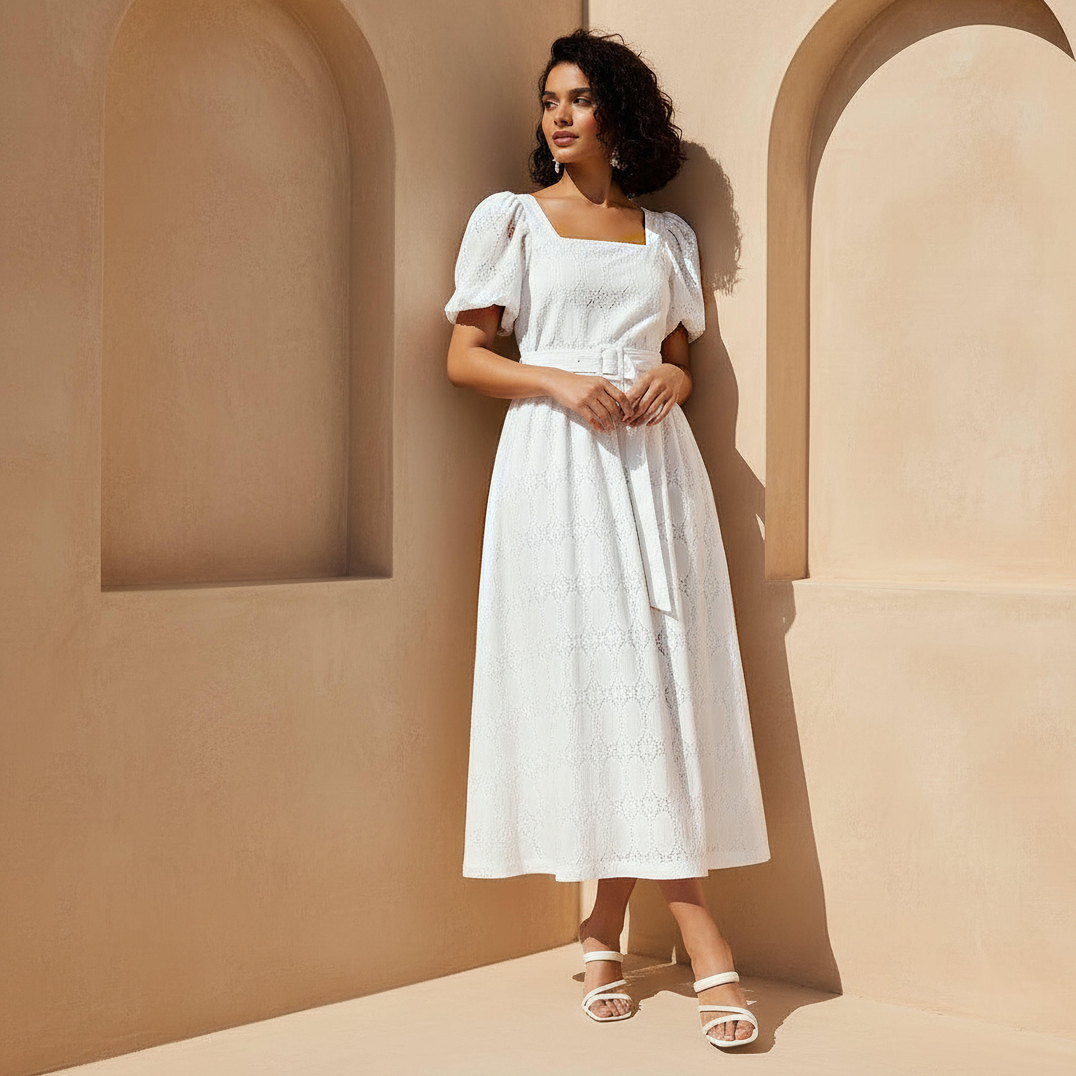 A-line Midi Dress with Puff Sleeves-women-clothing-dresses-image-1