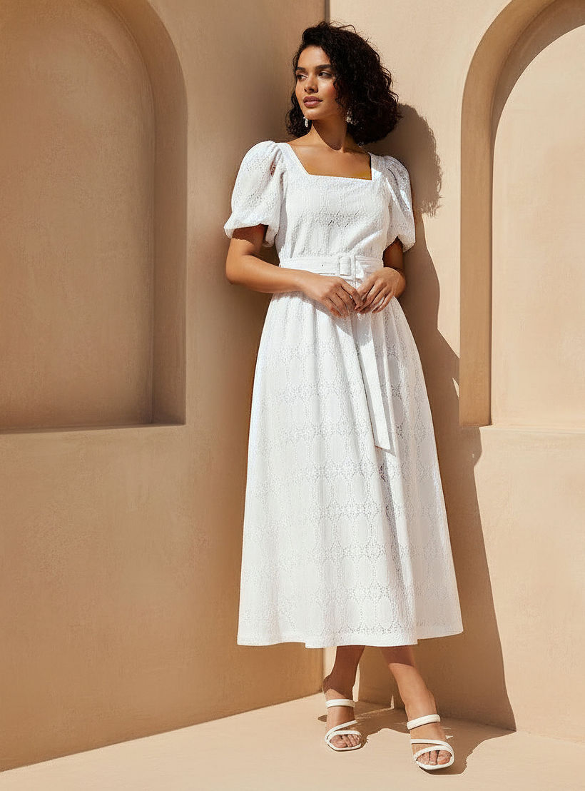 A-line Midi Dress with Puff Sleeves-women-clothing-dresses-image-1