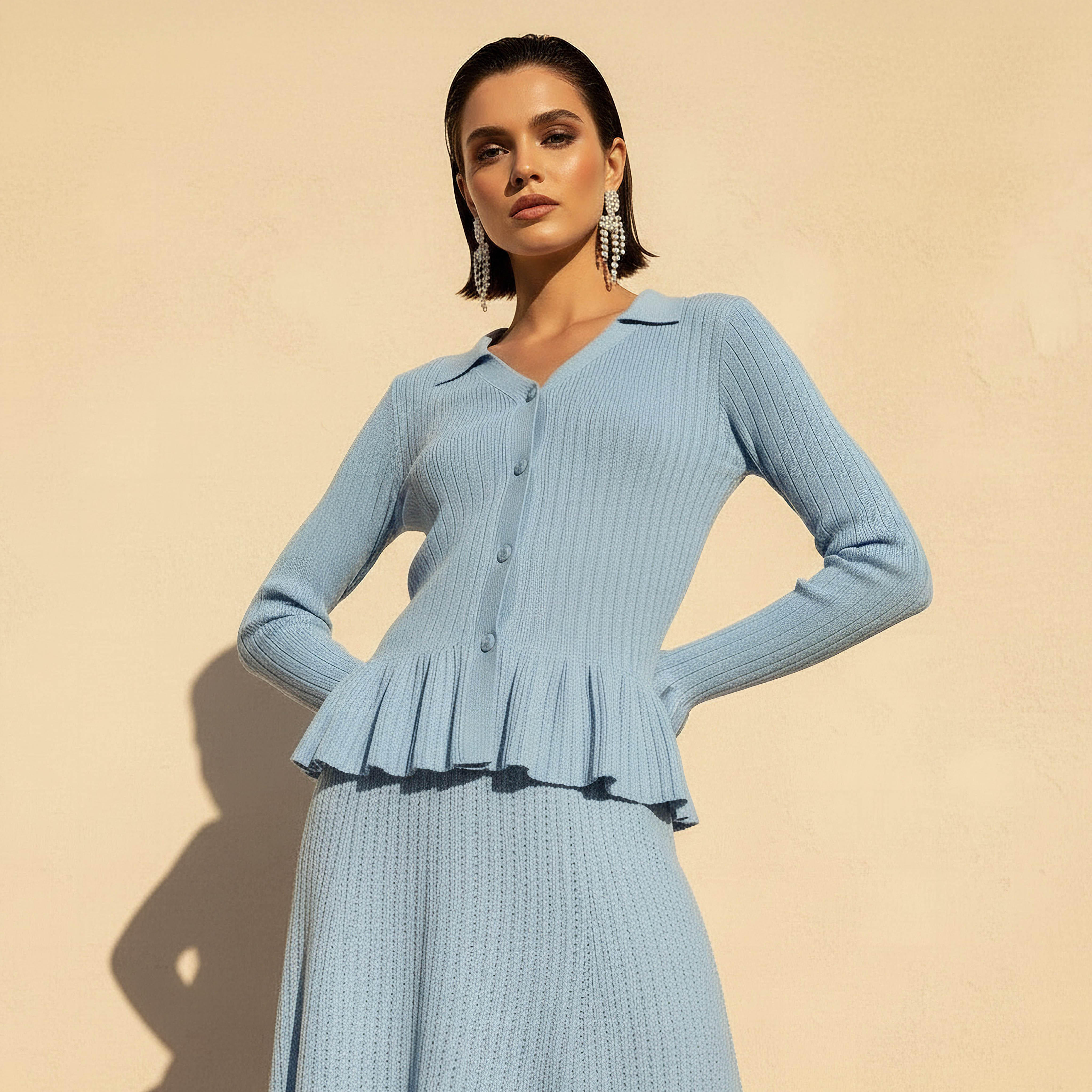 Textured Collared Peplum Cardigan-women-clothing-coordsets-image-1