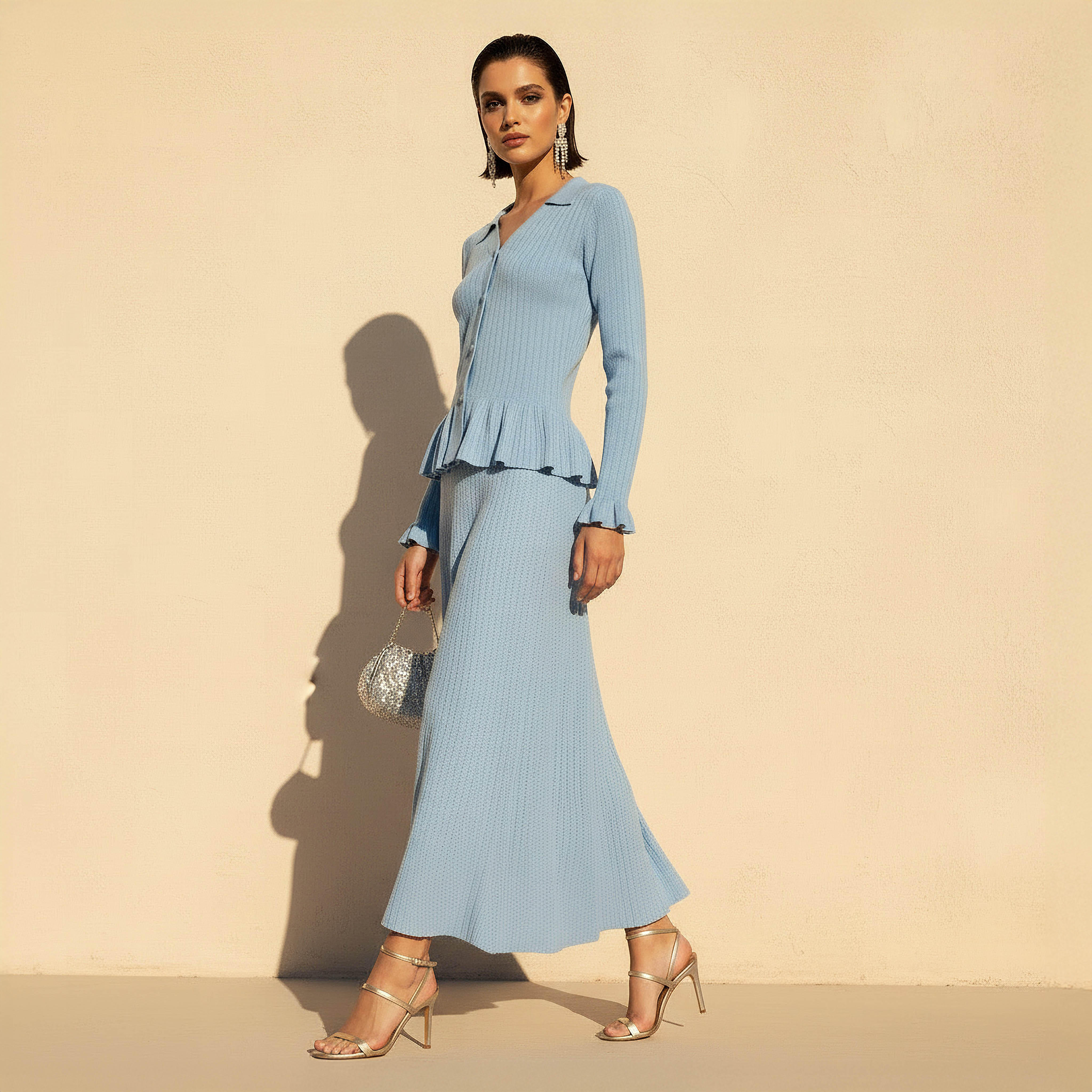 كارديجان بارز الملمس بياقة عادية وخصر كشكش-women-clothing-coordsets-image-5
