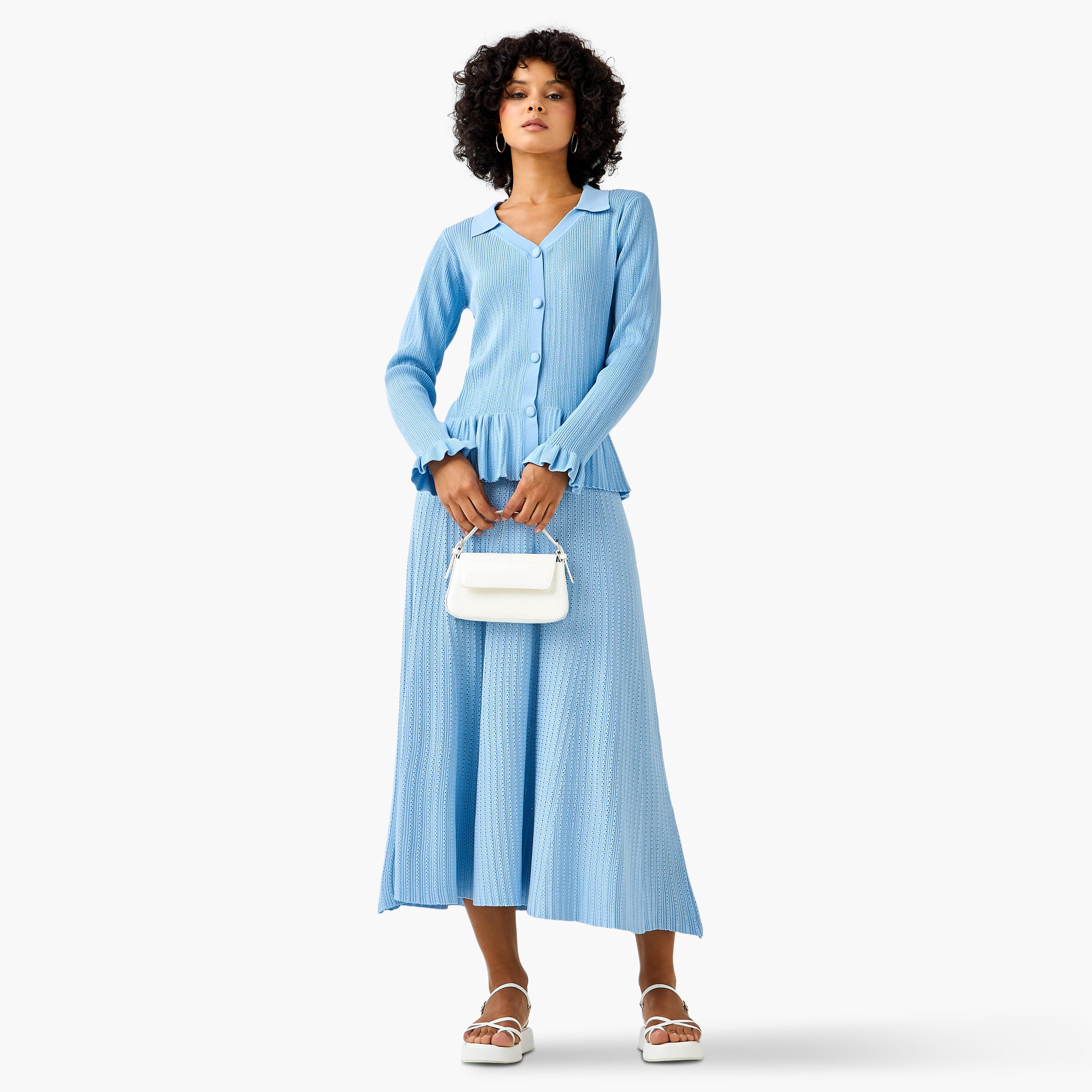 كارديجان بارز الملمس بياقة عادية وخصر كشكش-women-clothing-coordsets-image-4