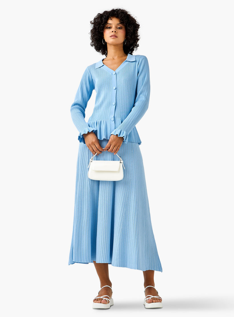 كارديجان بارز الملمس بياقة عادية وخصر كشكش-women-clothing-coordsets-image-4