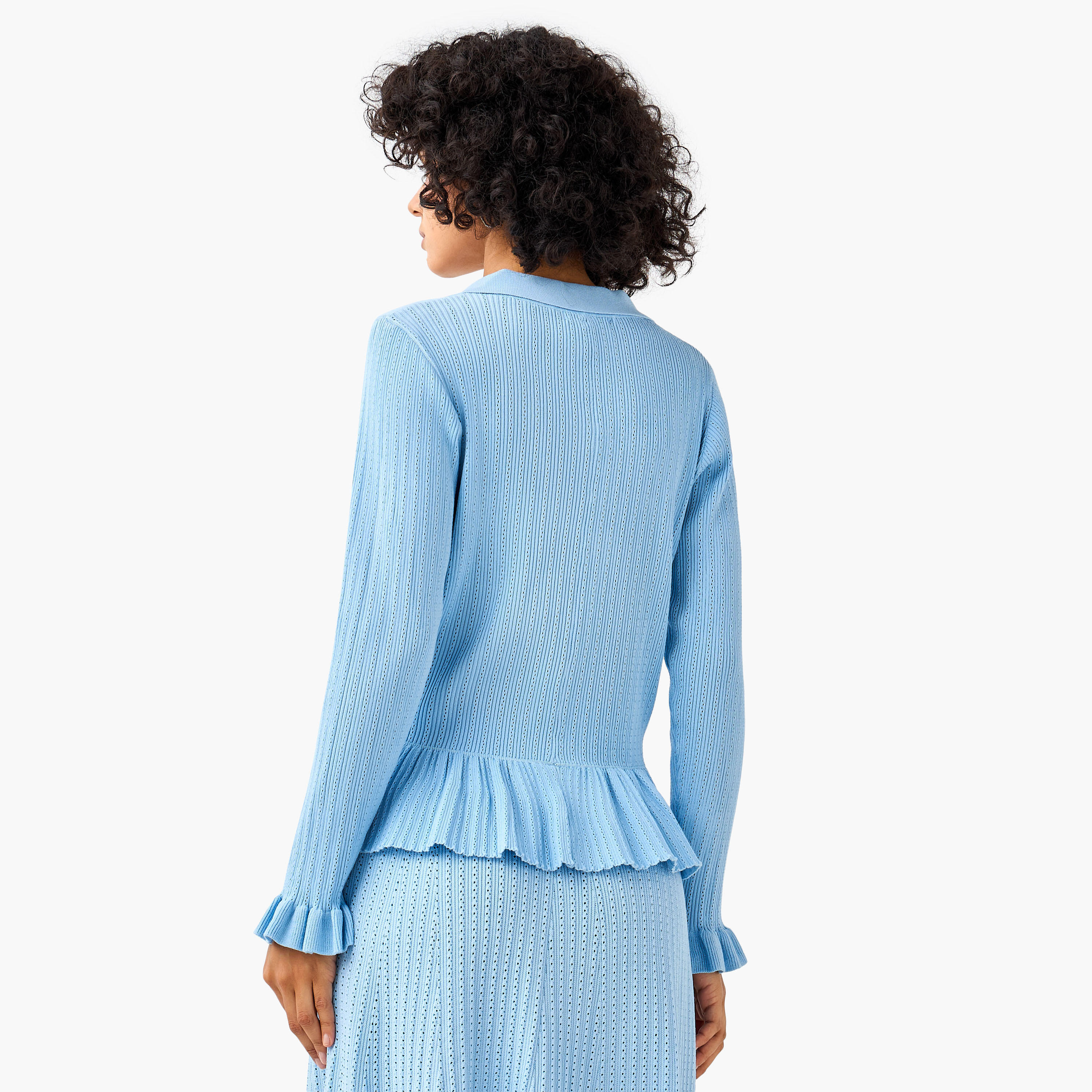كارديجان بارز الملمس بياقة عادية وخصر كشكش-women-clothing-coordsets-image-3