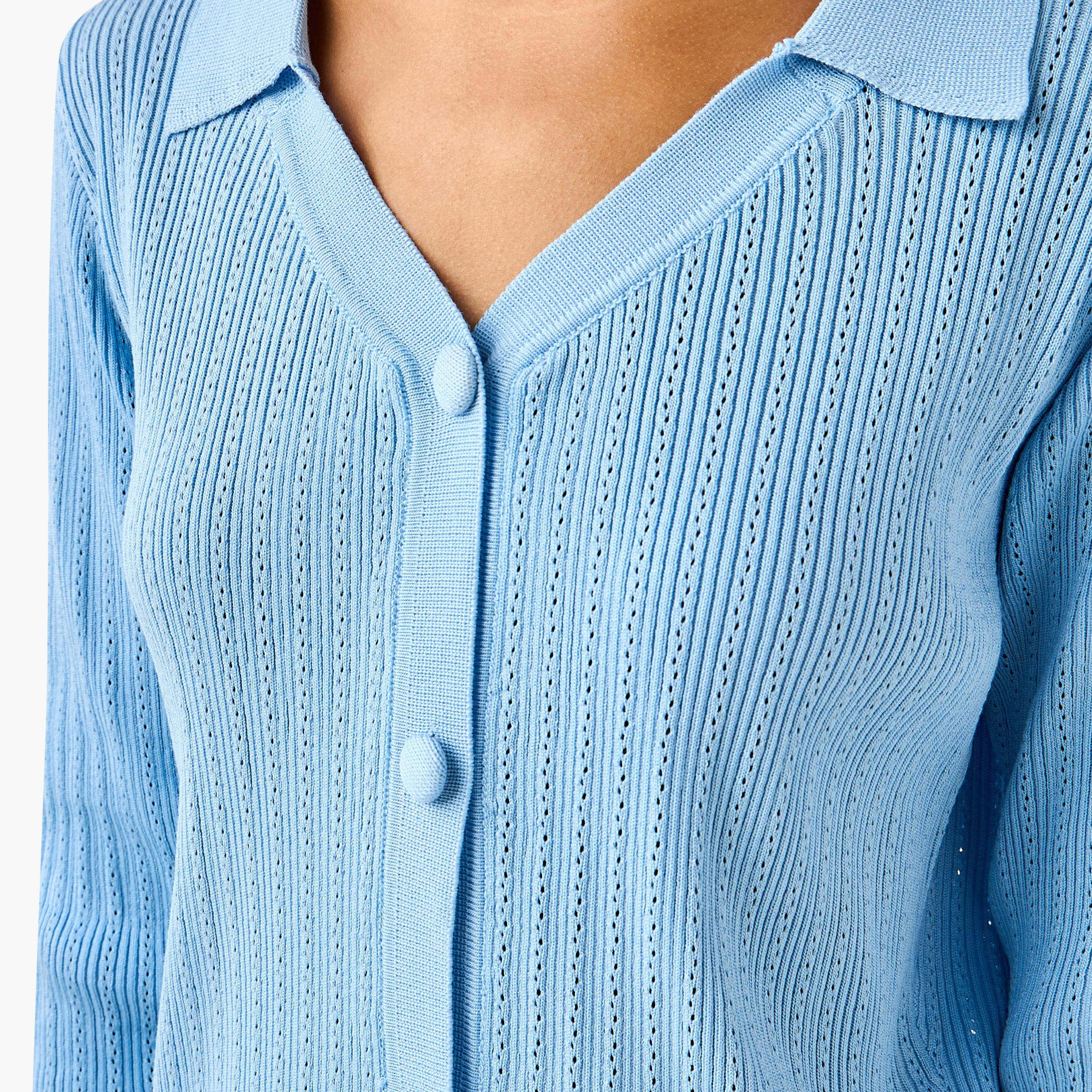 كارديجان بارز الملمس بياقة عادية وخصر كشكش-women-clothing-coordsets-image-2