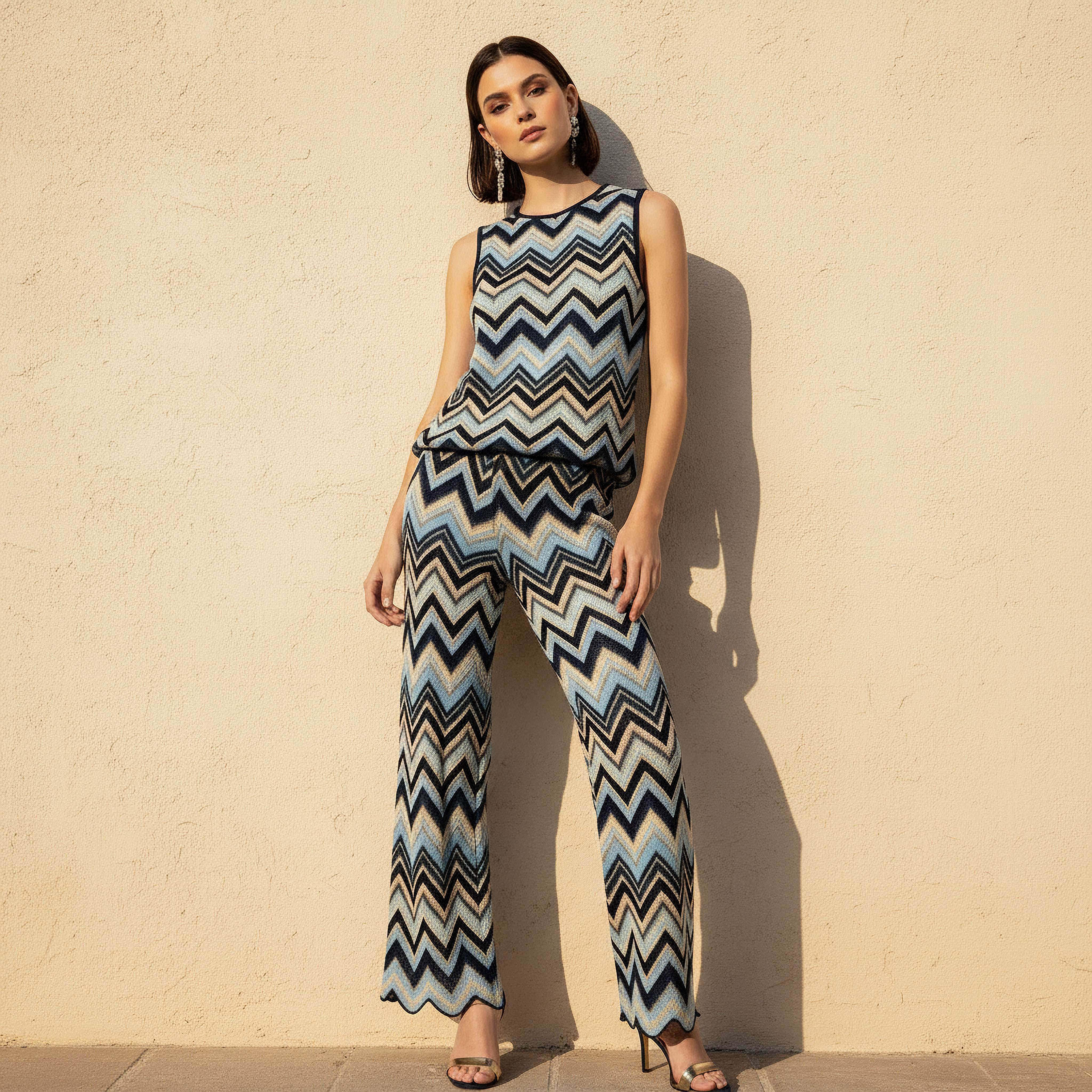 Comfort Waist Mid-Rise Pants with Chevron Print-women-clothing-coordsets-image-3