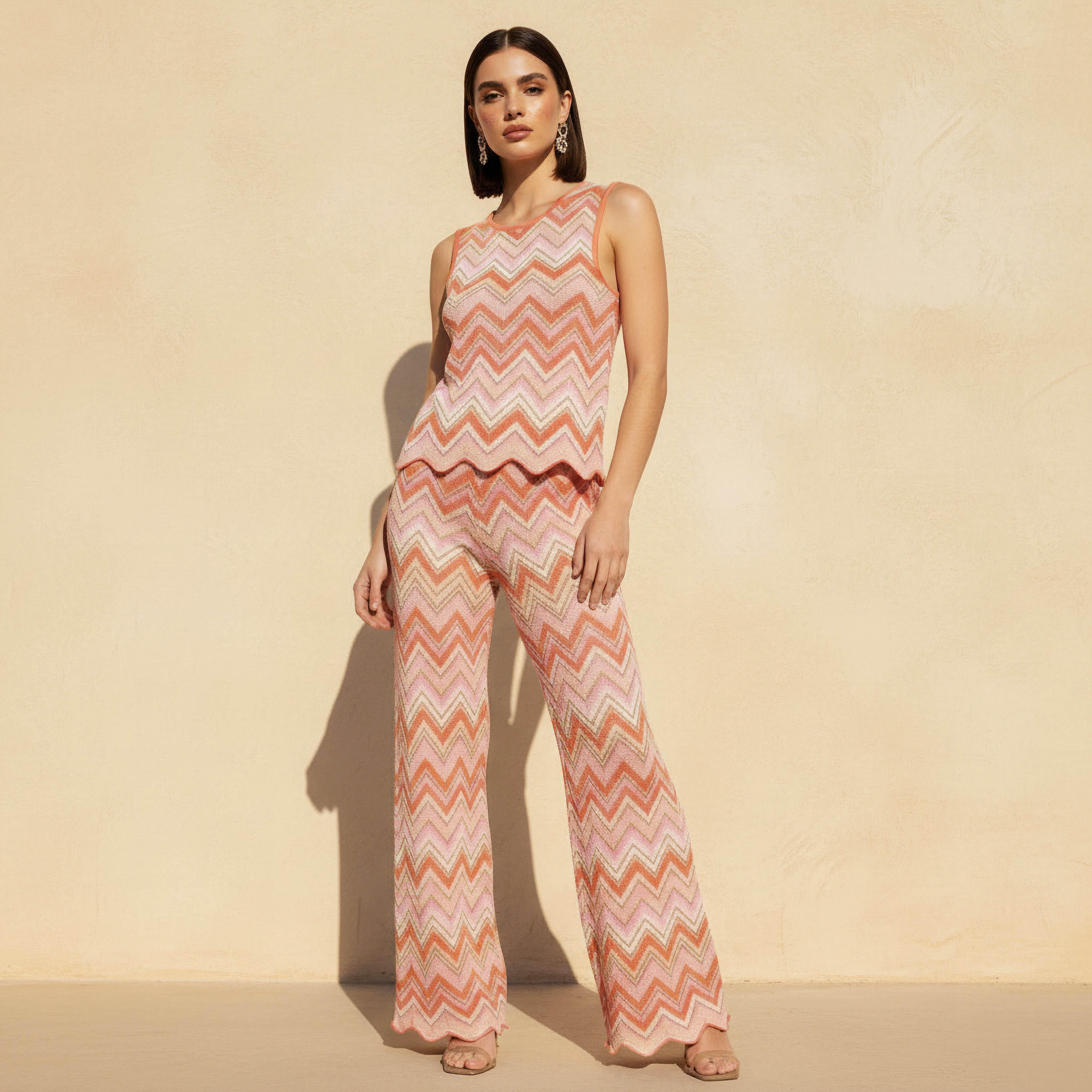 Regular Fit Mid-Rise Pants with Chevron Print-women-clothing-coordsets-image-3