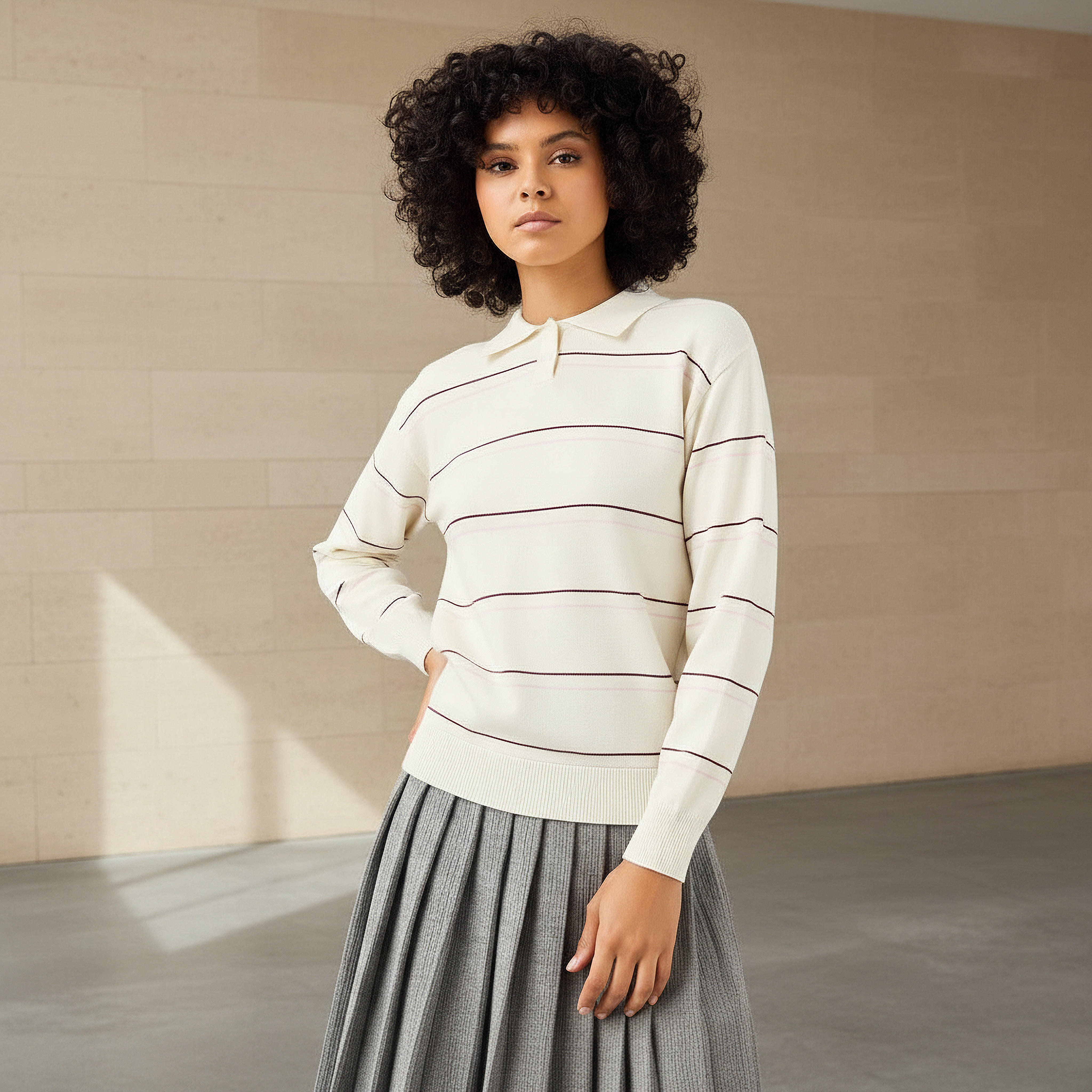 تيشيرت بولو مقلم بقصّة عادية-women-clothing-tshirts-image-1