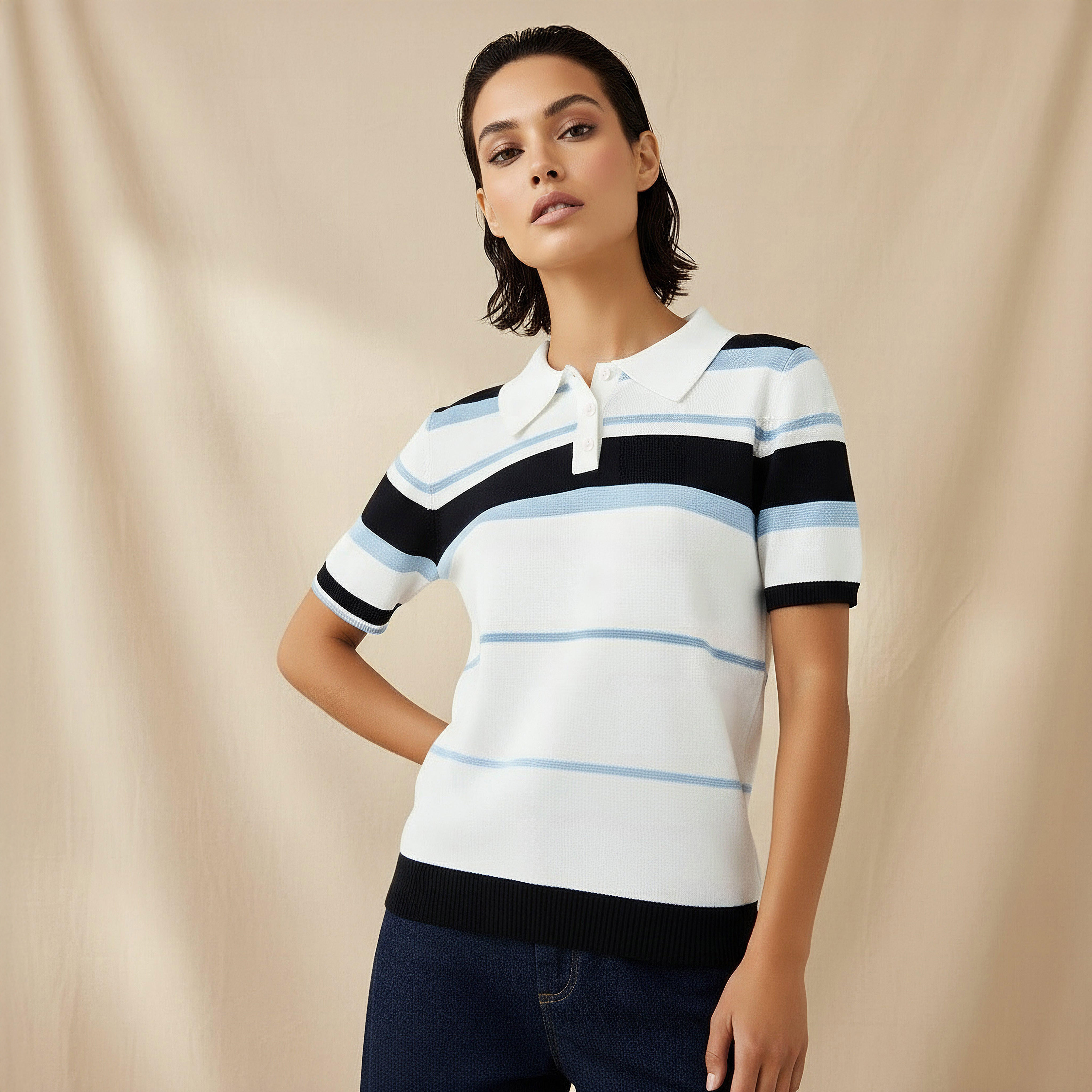 Regular Fit Polo T-shirt with Stripes-women-clothing-tshirts-image-1