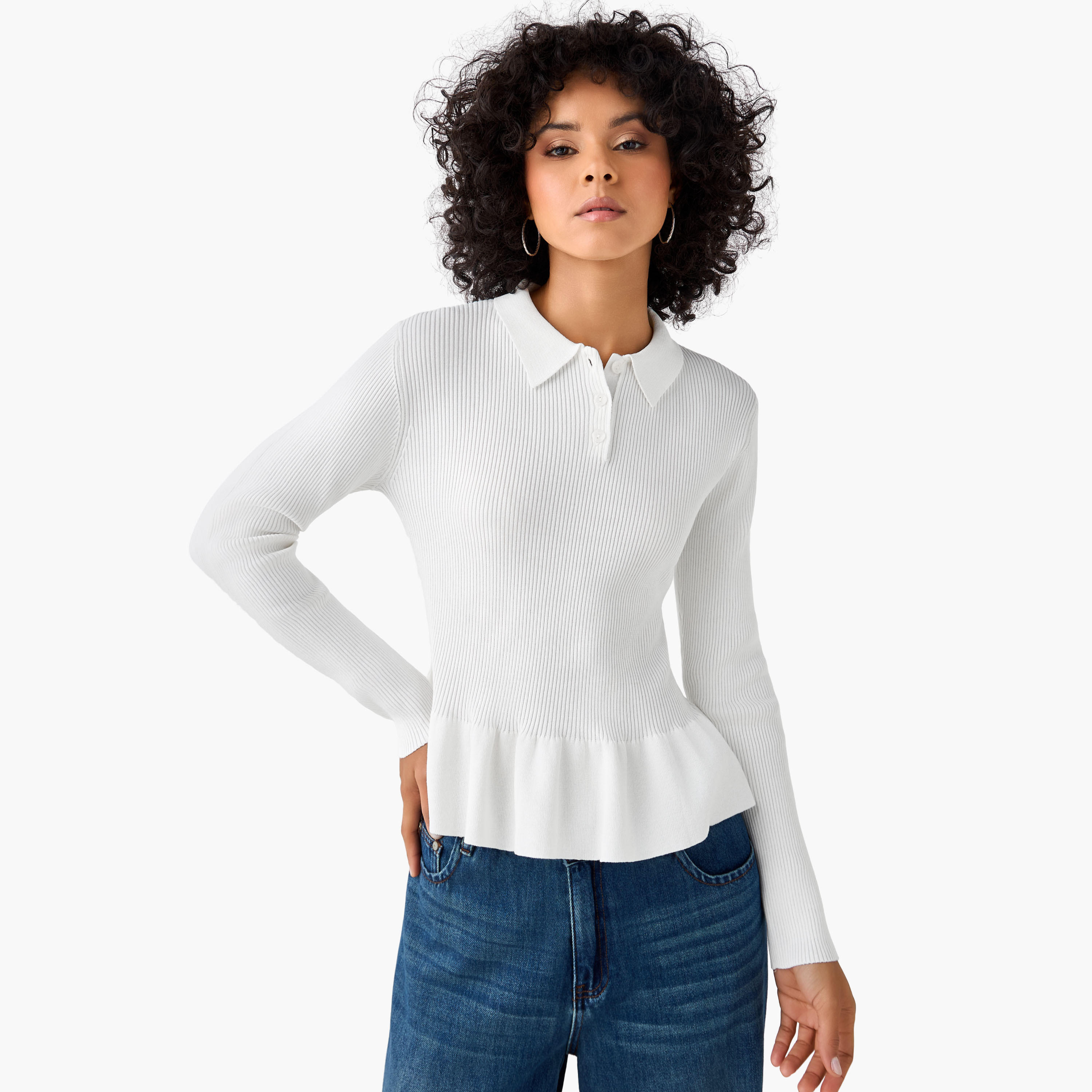 بلوزة بولو بقصّة عادية وتصميم مضلع مع قصة بيبلوم-women-clothing-tshirts-image-3
