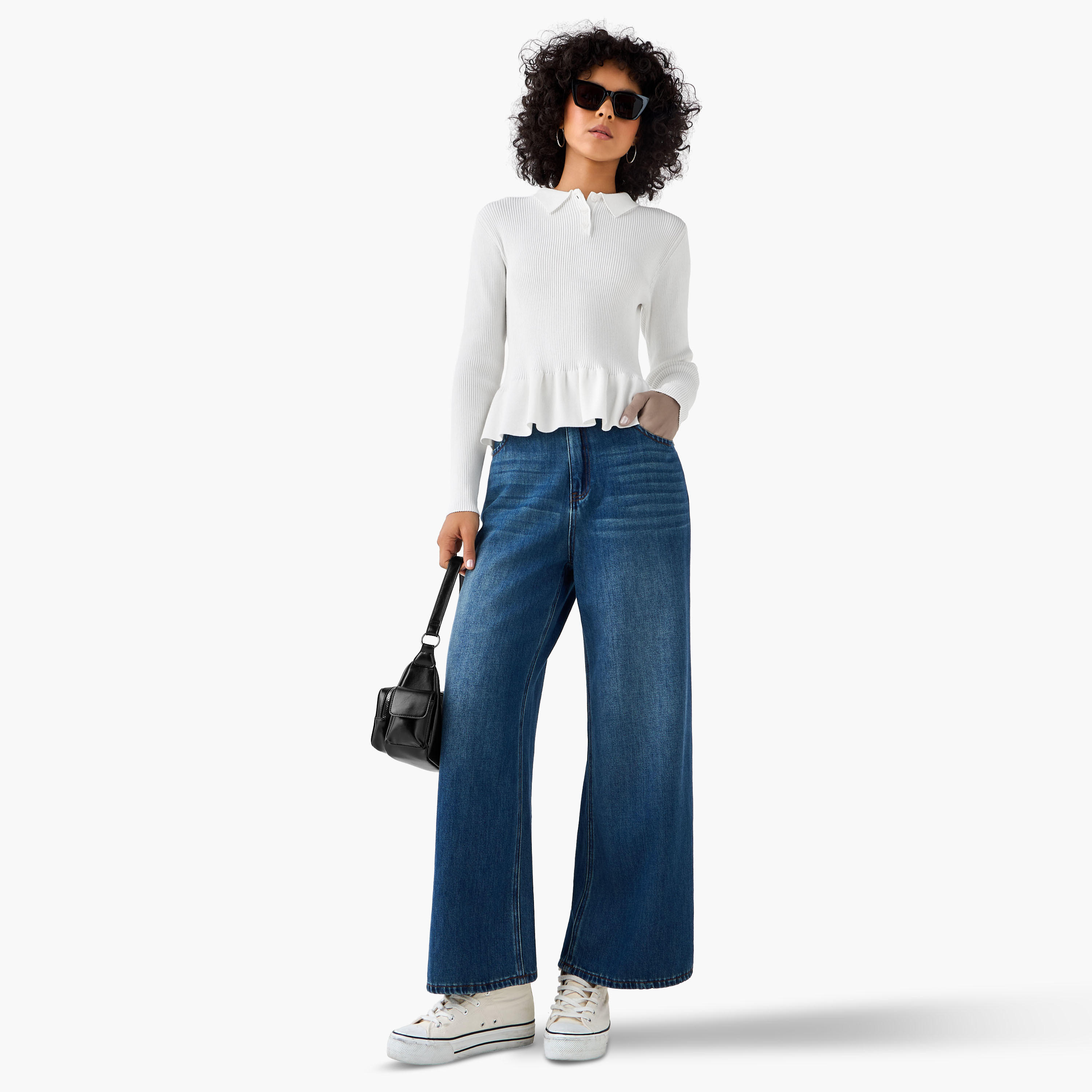 بلوزة بولو بقصّة عادية وتصميم مضلع مع قصة بيبلوم-women-clothing-tshirts-image-4