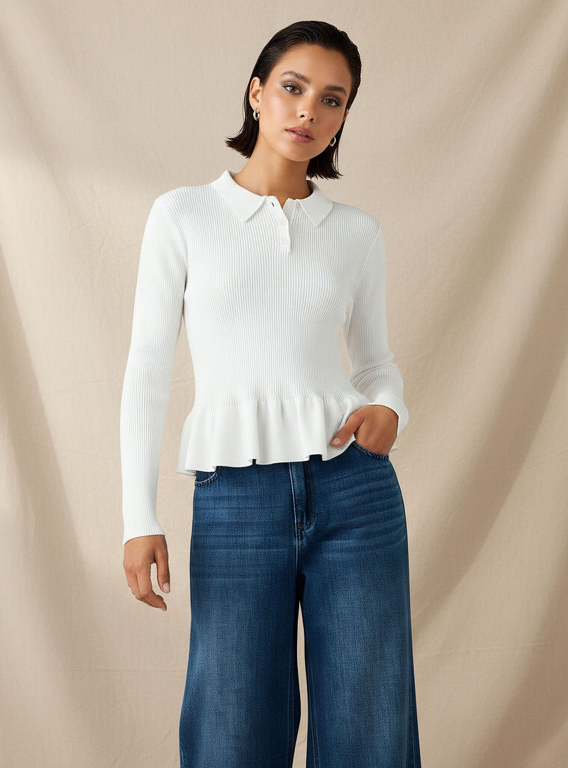بلوزة بولو بقصّة عادية وتصميم مضلع مع قصة بيبلوم-women-clothing-tshirts-image-2