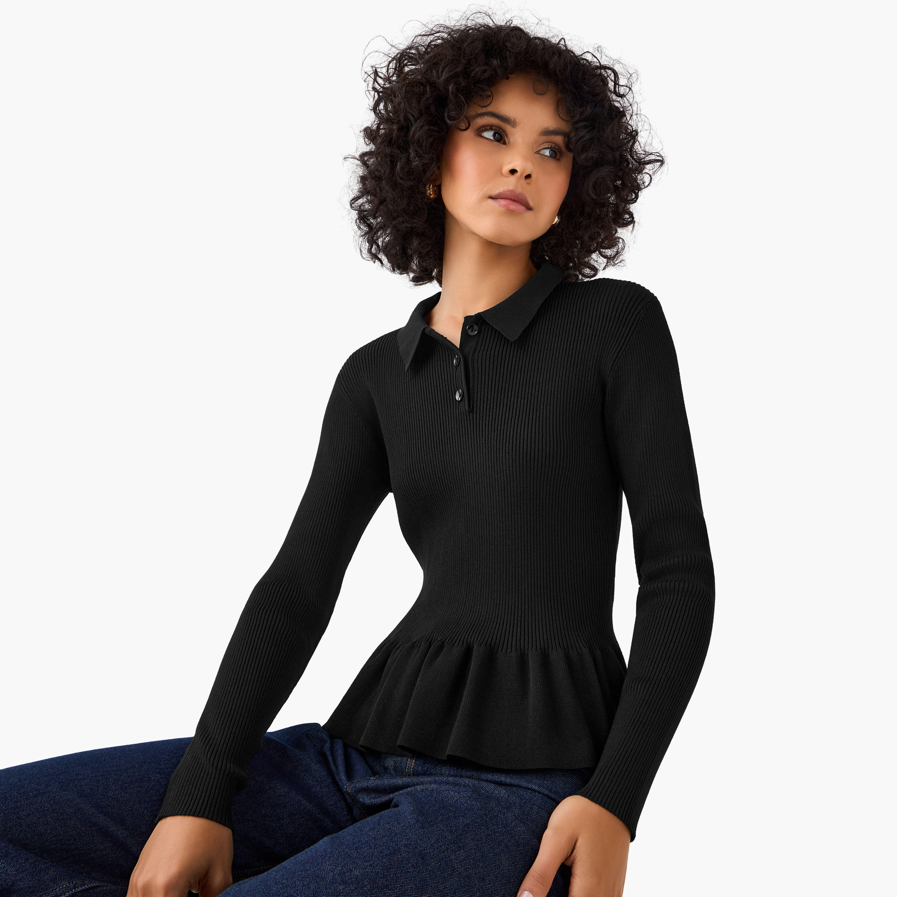 بلوزة بولو بقصّة عادية وتصميم مضلع مع قصة بيبلوم-women-clothing-tshirts-image-3