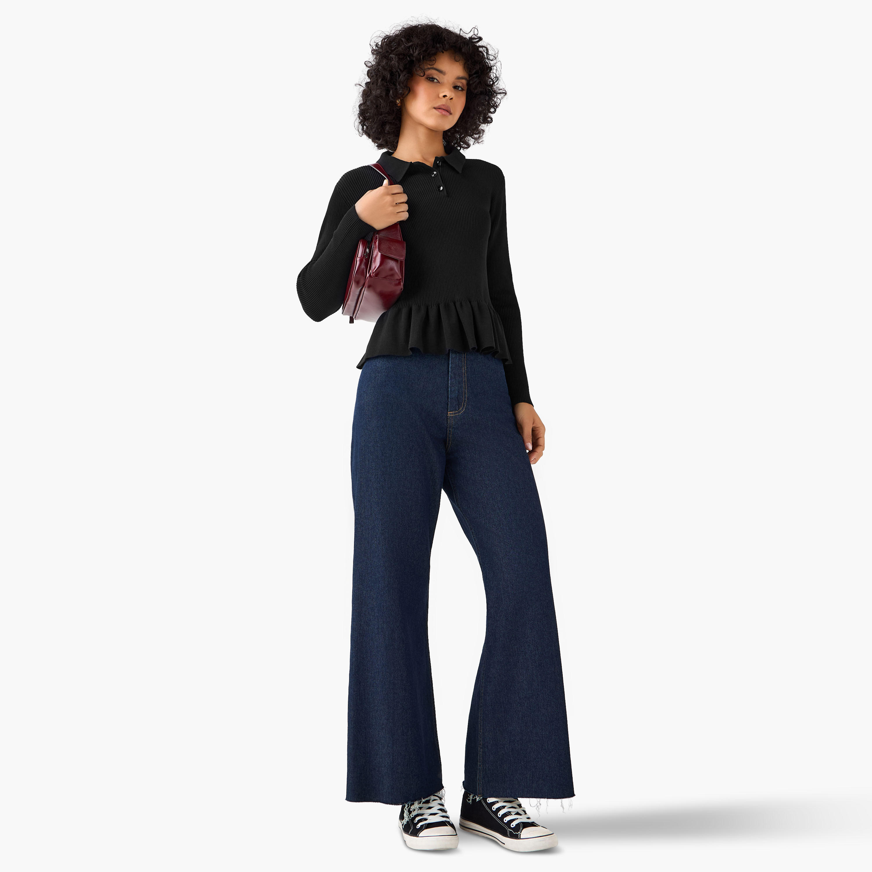 بلوزة بولو بقصّة عادية وتصميم مضلع مع قصة بيبلوم-women-clothing-tshirts-image-4