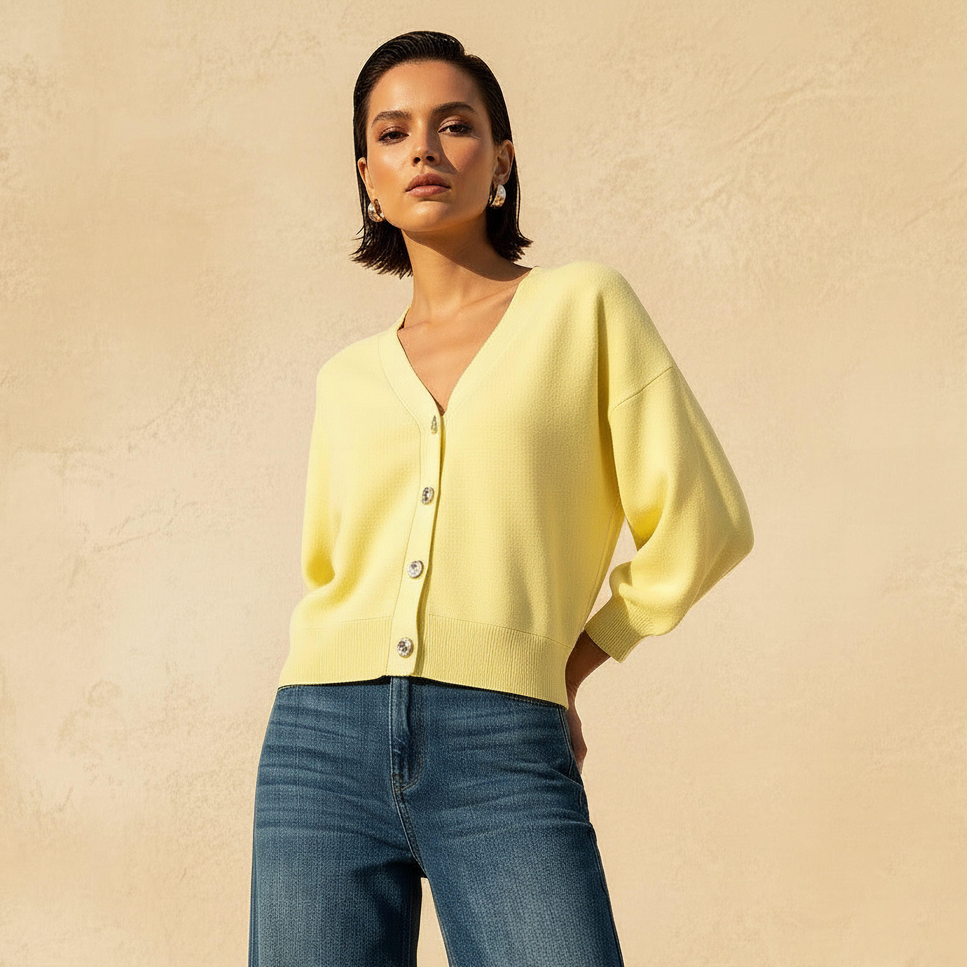 Ribbed Long Puff Sleeves V-neck Cardigan-women-winterwear-cardigansandjumpers-cardigans-image-1