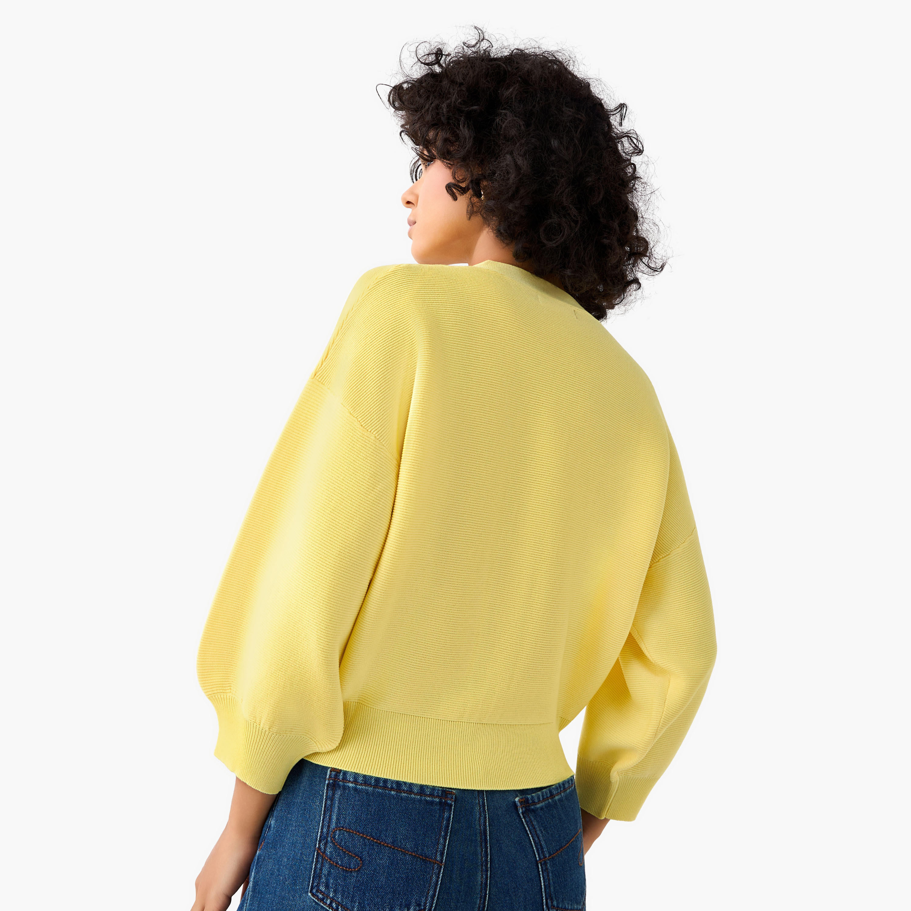 Ribbed Long Puff Sleeves V-neck Cardigan-women-winterwear-cardigansandjumpers-cardigans-image-5
