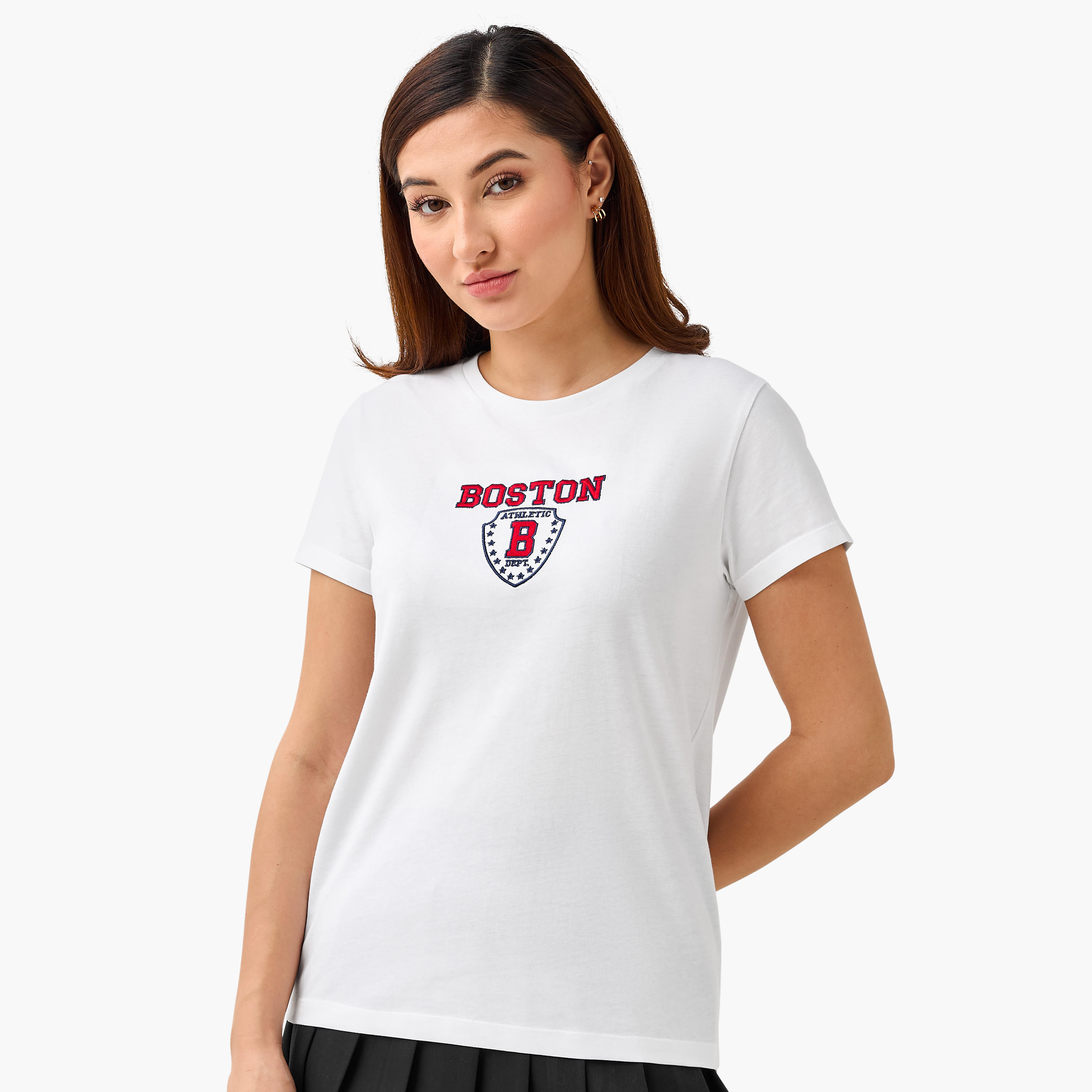 Regular Fit Cotton T-shirt with Boston Embroidery-women-clothing-tshirts-image-1