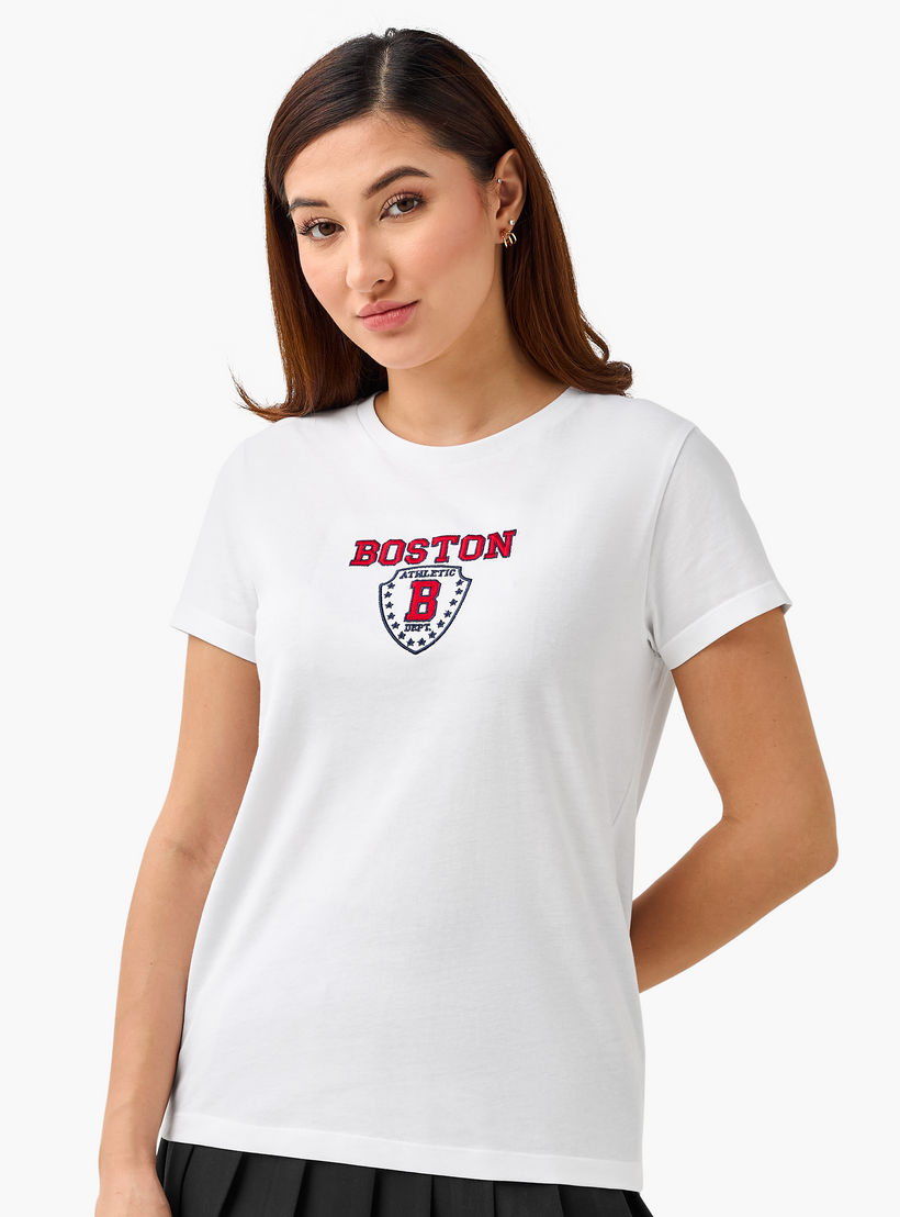Regular Fit Cotton T-shirt with Boston Embroidery-women-clothing-tshirts-image-1