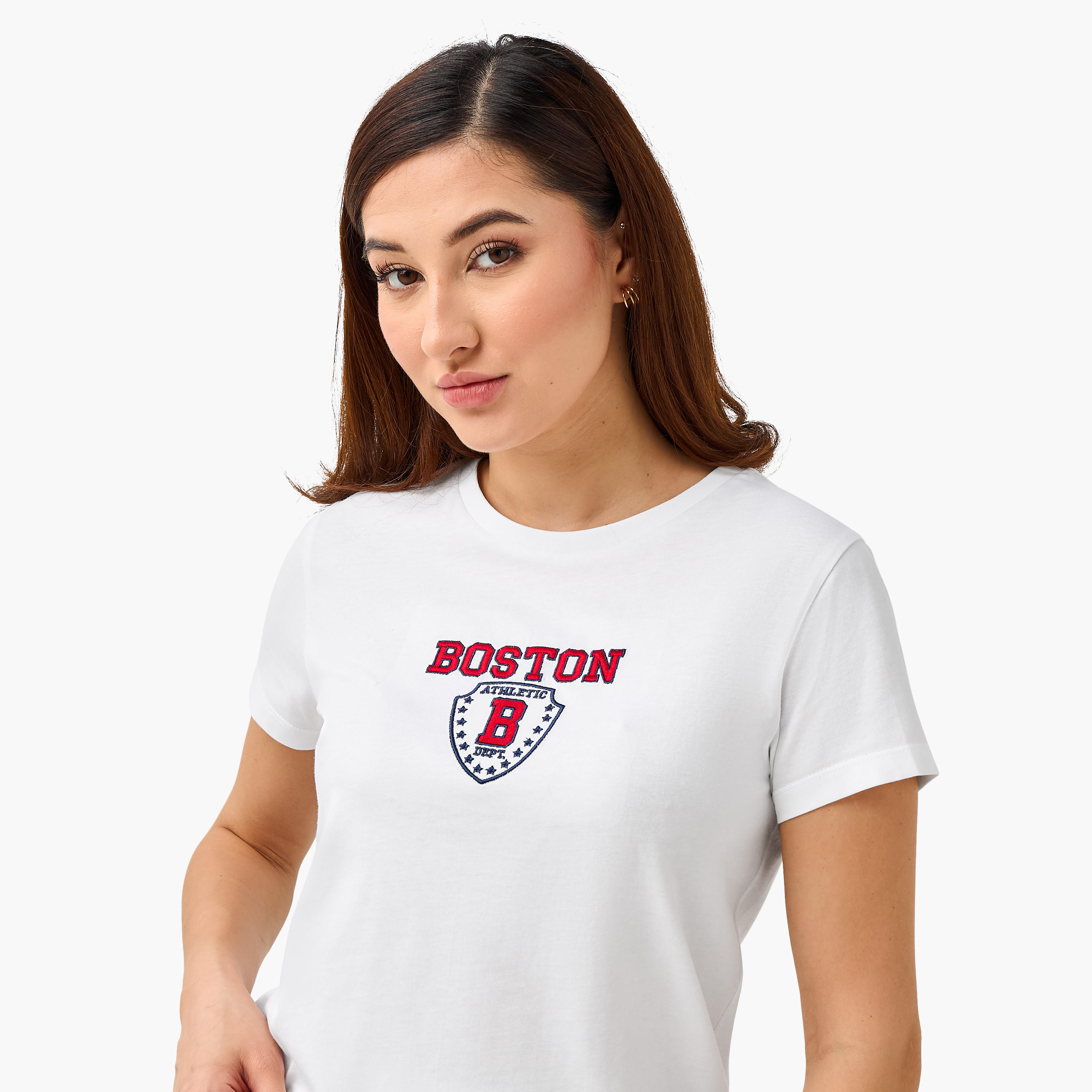 Regular Fit Cotton T-shirt with Boston Embroidery-women-clothing-tshirts-image-5