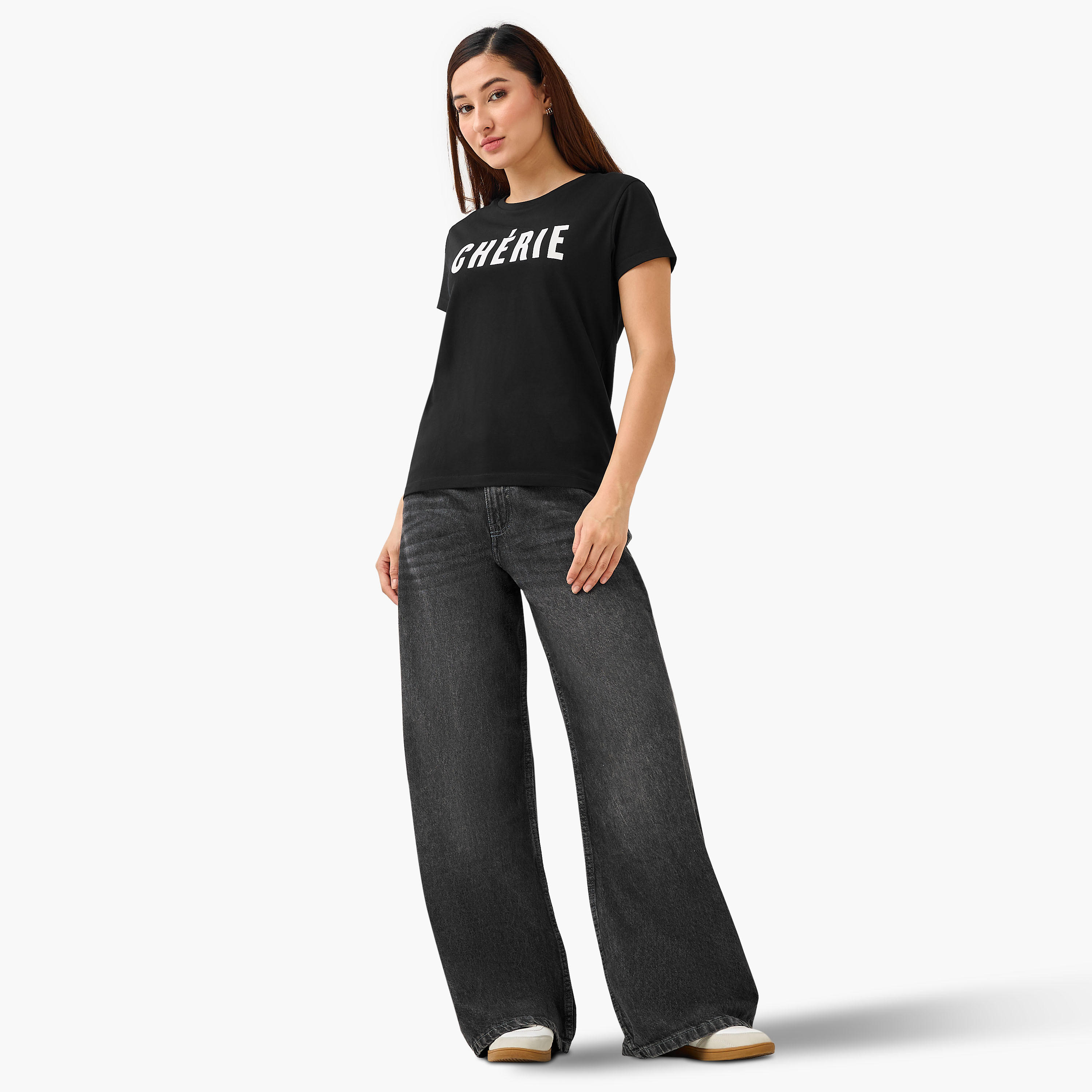 Regular Fit Cotton T-shirt with Typographic Print-women-clothing-tshirts-image-2