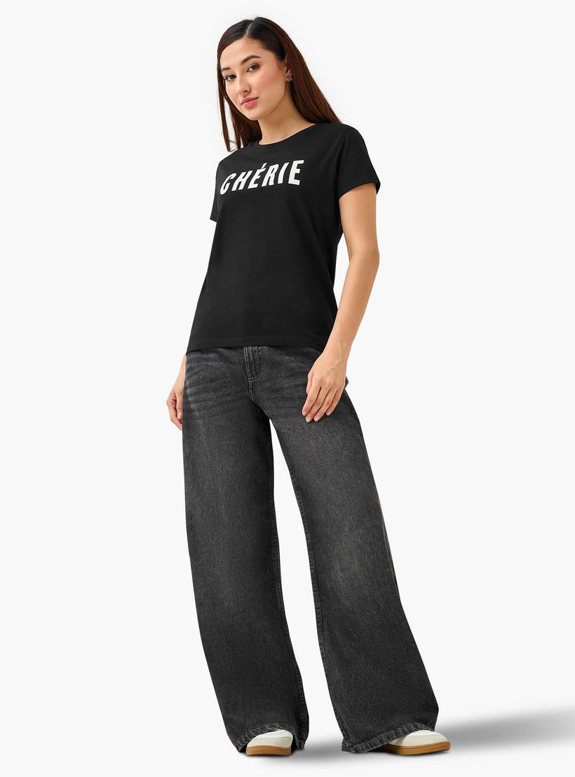 Regular Fit Cotton T-shirt with Typographic Print-women-clothing-tshirts-image-2