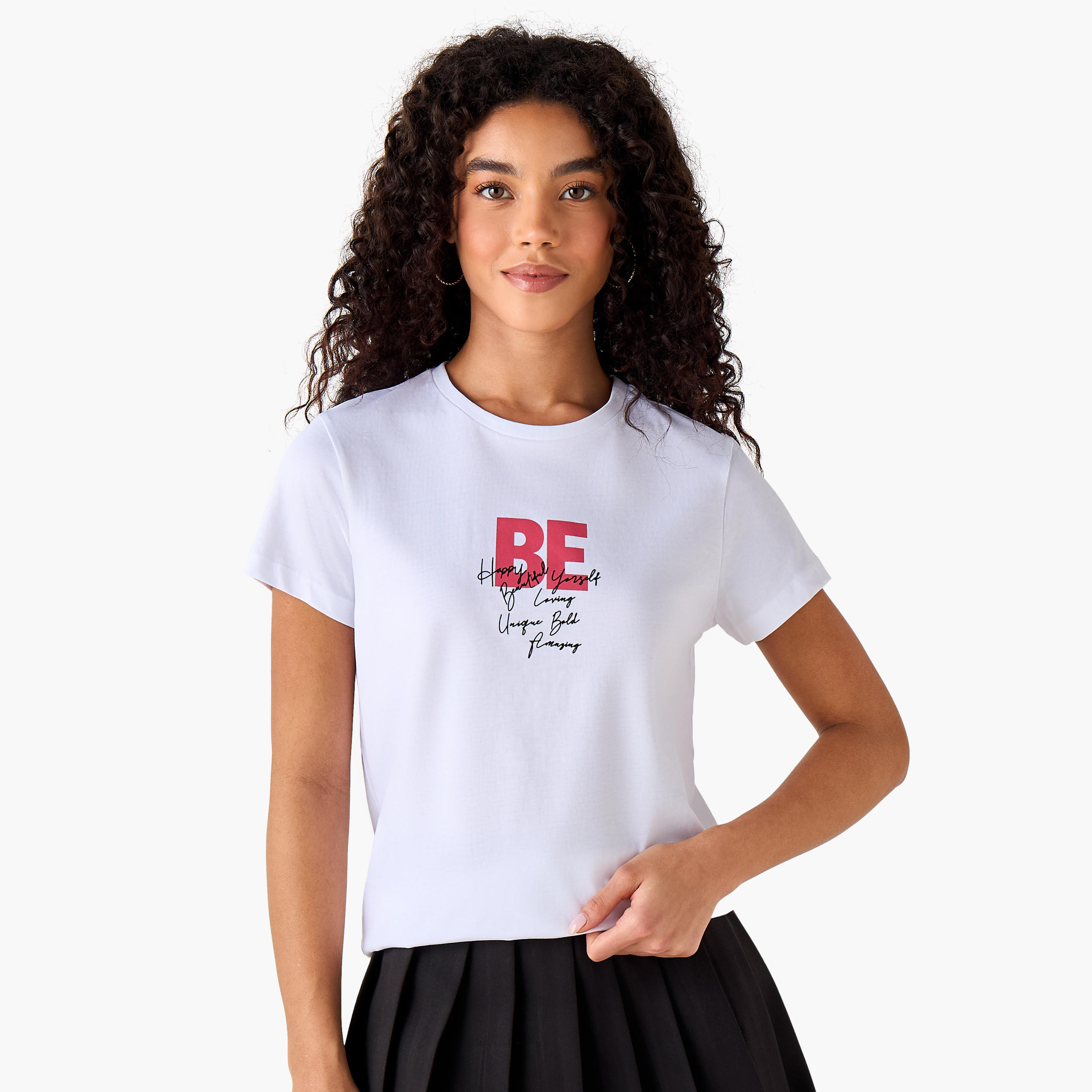 Regular Fit Cotton T-shirt with Typographic Print-women-clothing-tshirts-image-2
