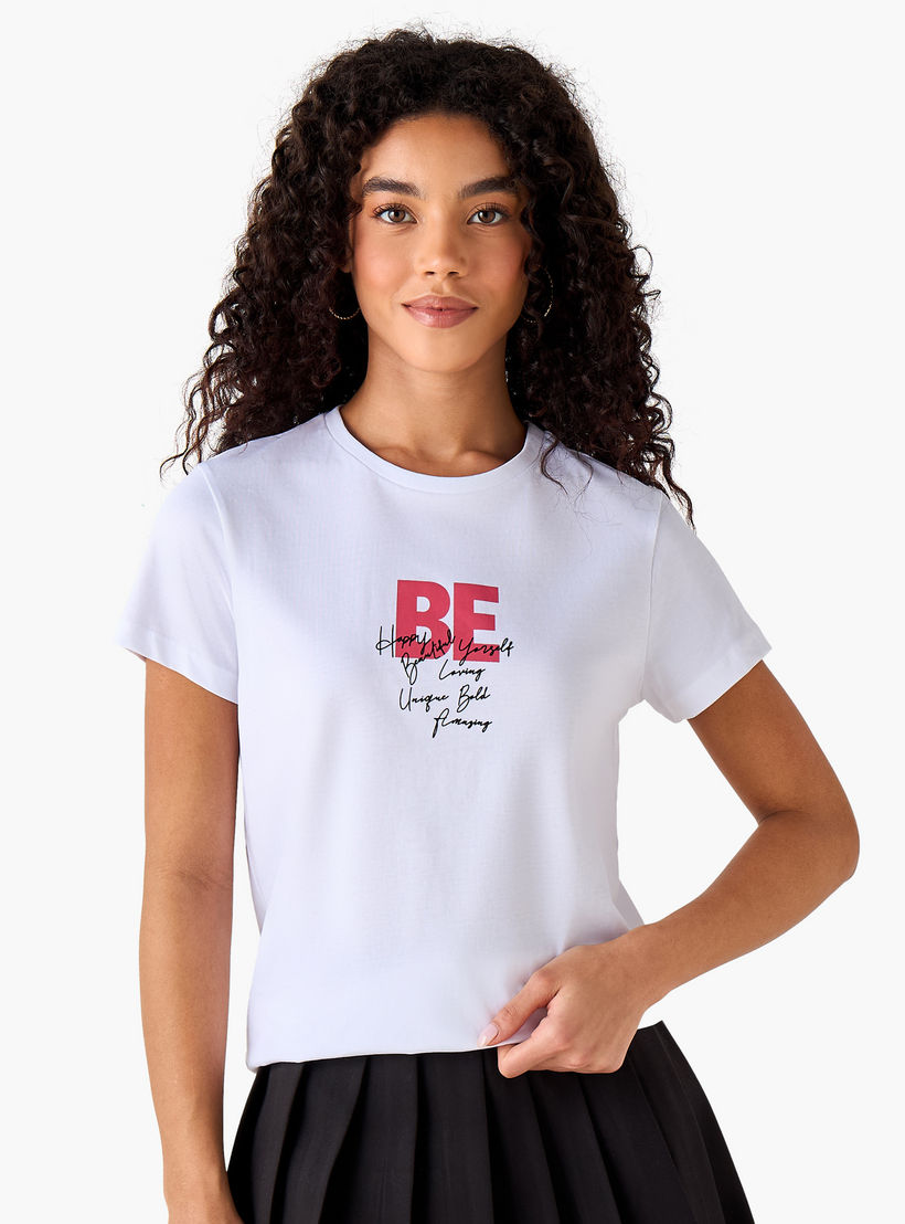 Regular Fit Cotton T-shirt with Typographic Print-women-clothing-tshirts-image-2